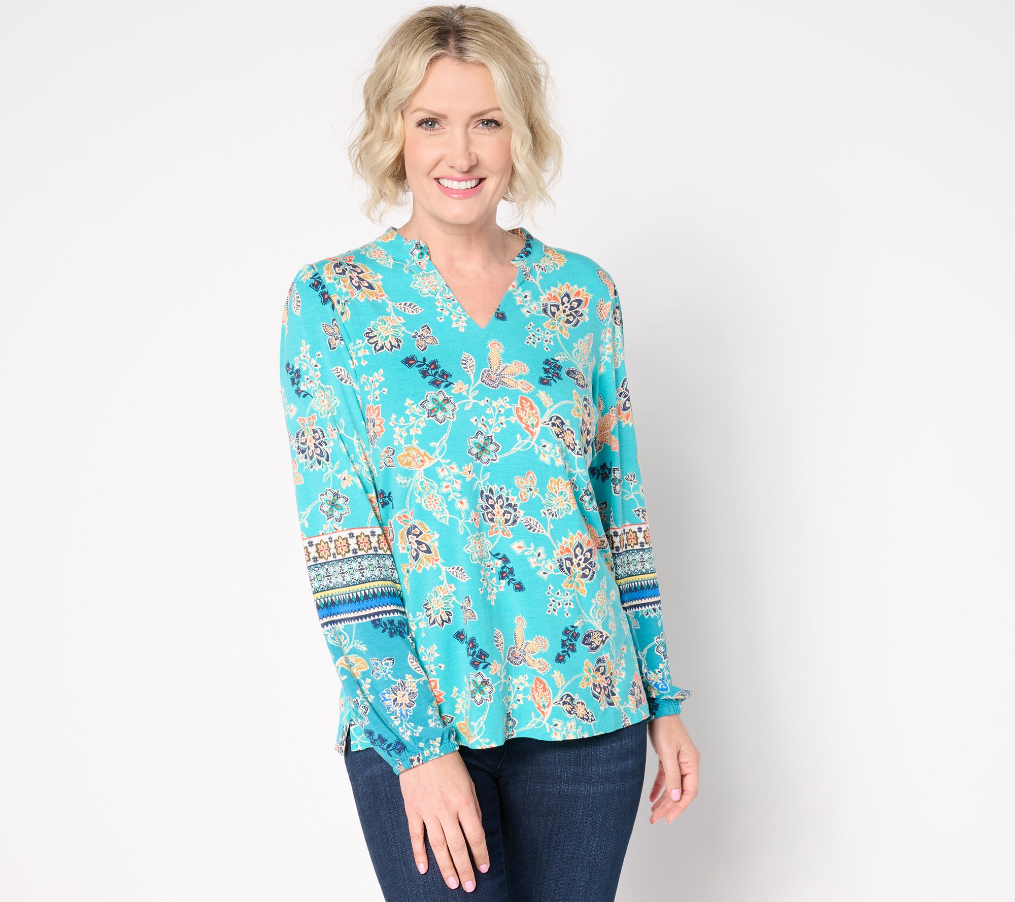 "As Is" Belle Boho by Kim Gravel World Traveler Split Neck Knit Top