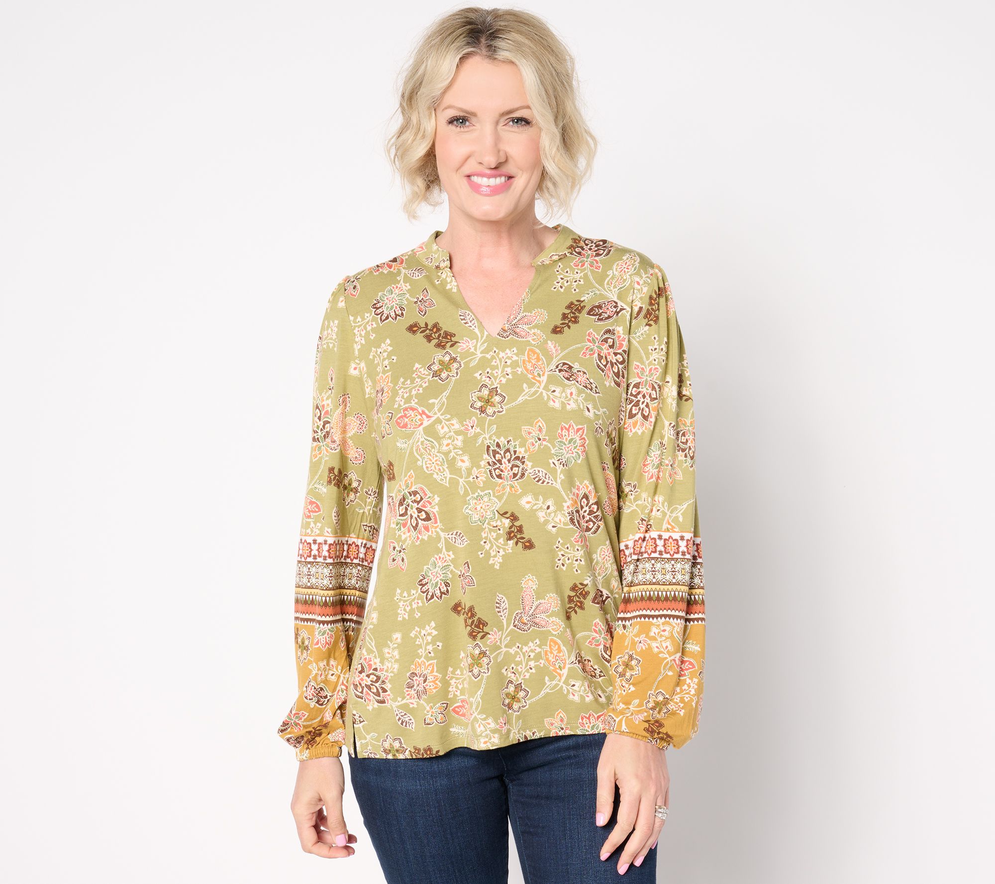 "As Is" Belle Boho by Kim Gravel World Traveler Split Neck Knit Top