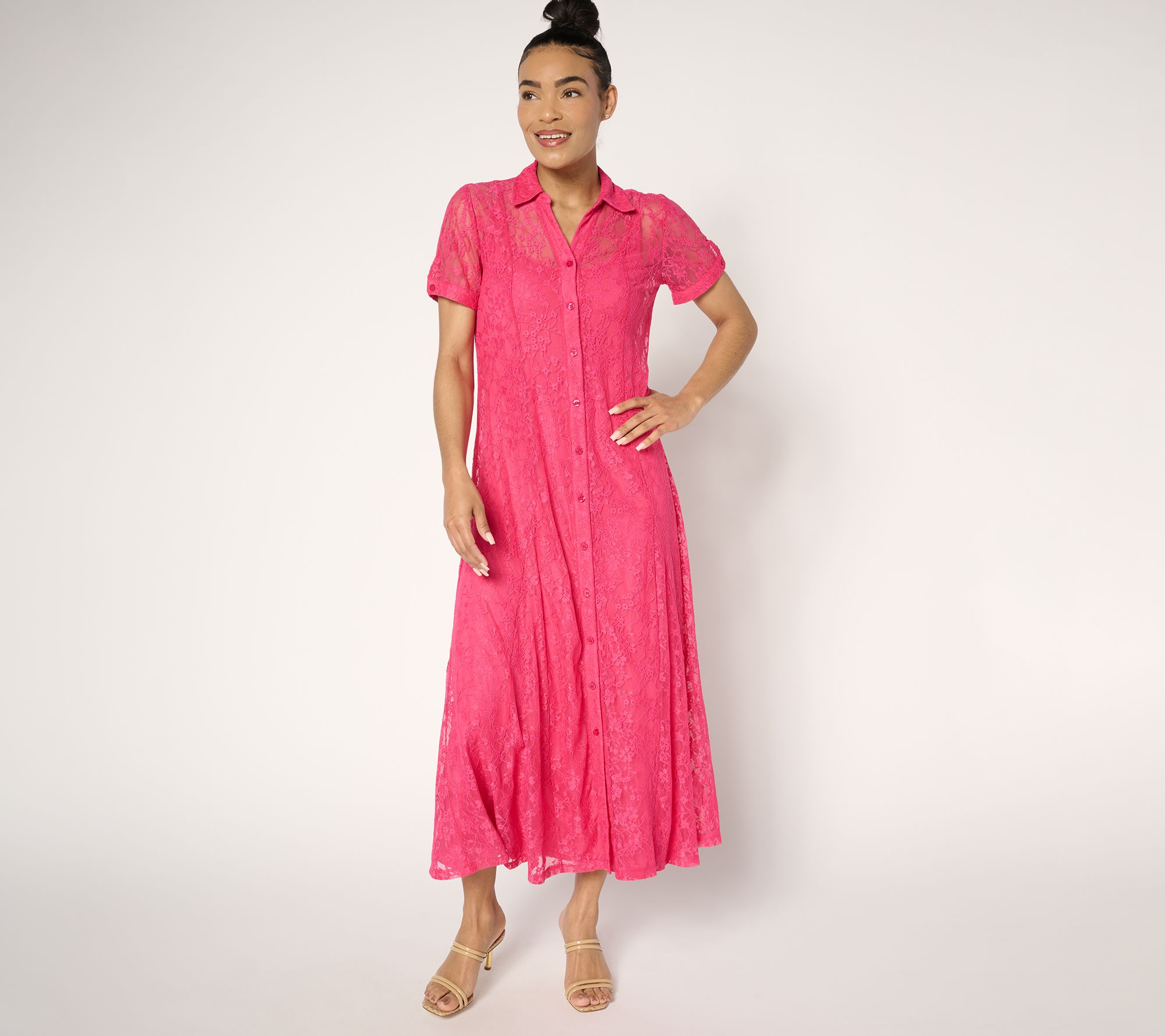 Susan Graver Petite Stretch Lace Button Front Midi Dress