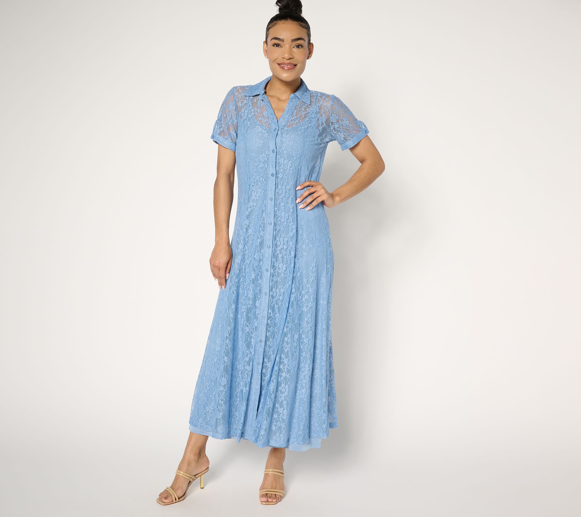 Susan Graver Petite Stretch Lace Button Front Midi Dress