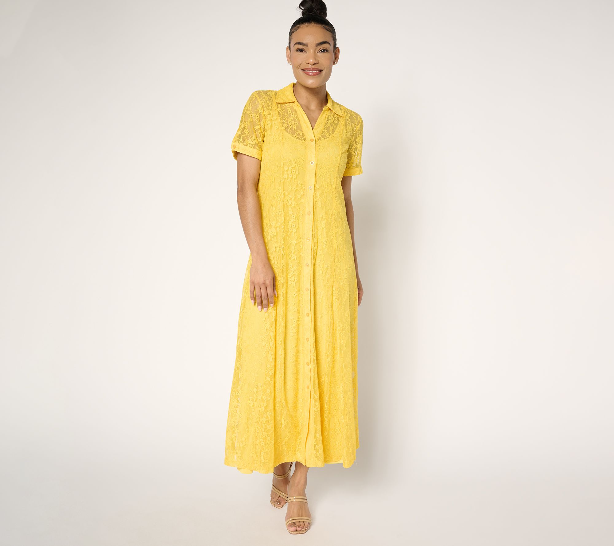 Susan Graver Petite Stretch Lace Button Front Midi Dress