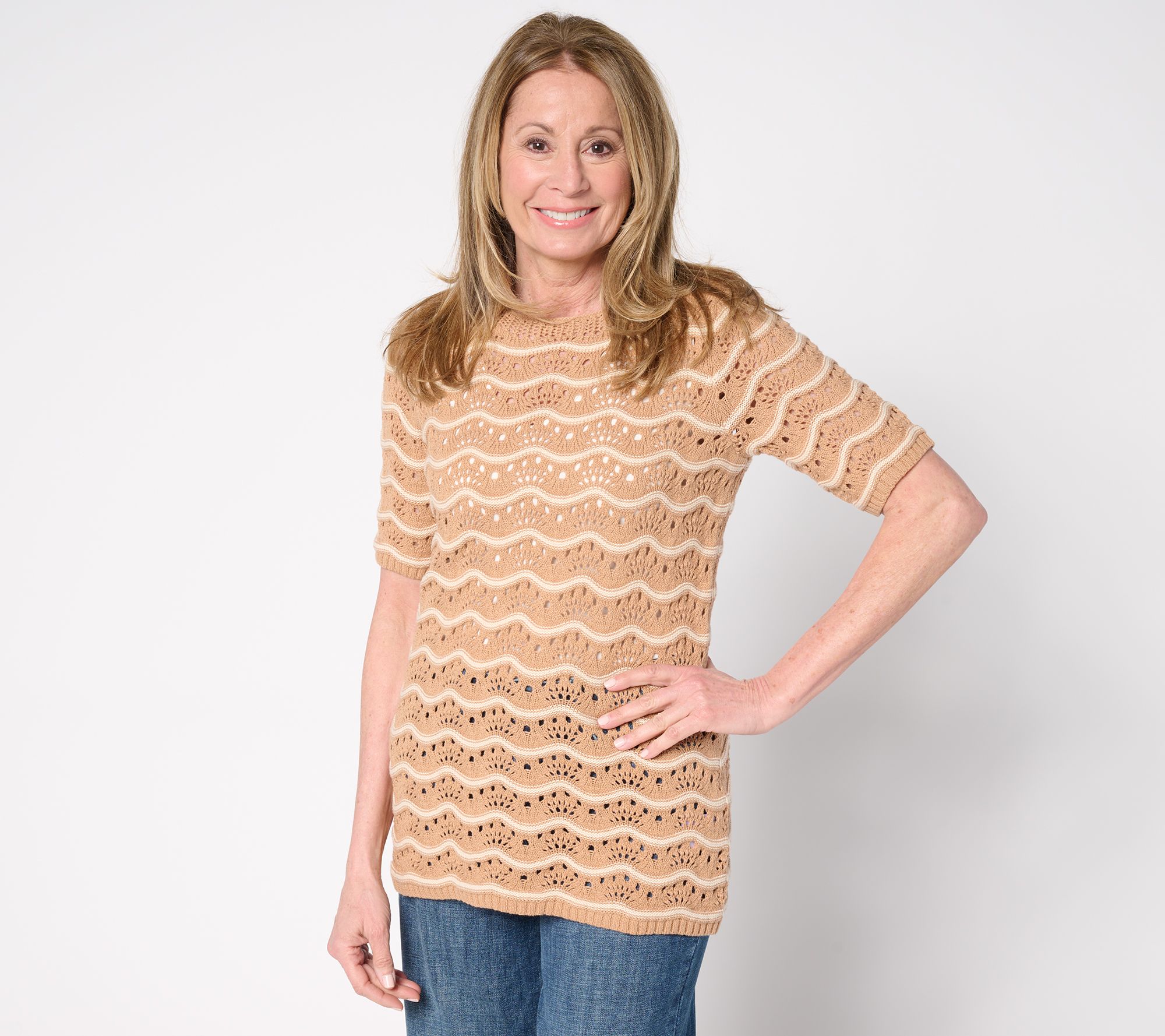 Denim & Co. 100% Cotton Pointelle Elbow Sleeve Sweater