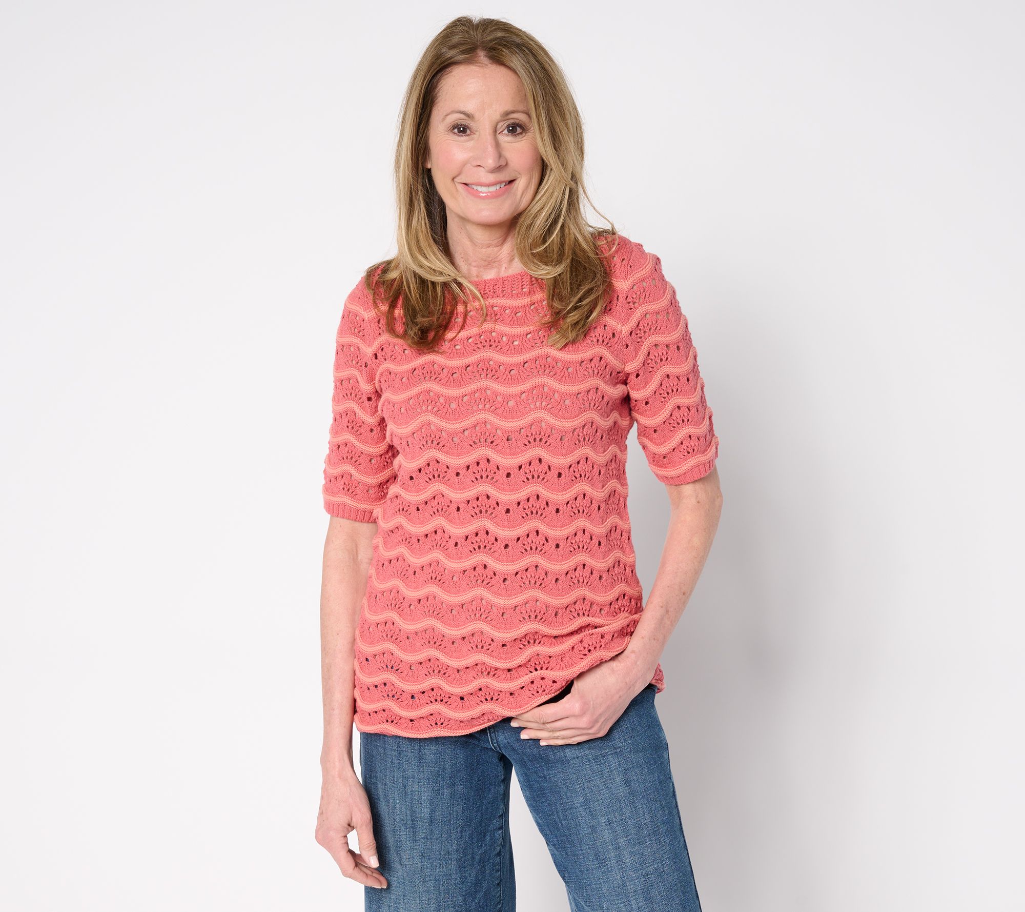 Denim & Co. 100% Cotton Pointelle Elbow Sleeve Sweater