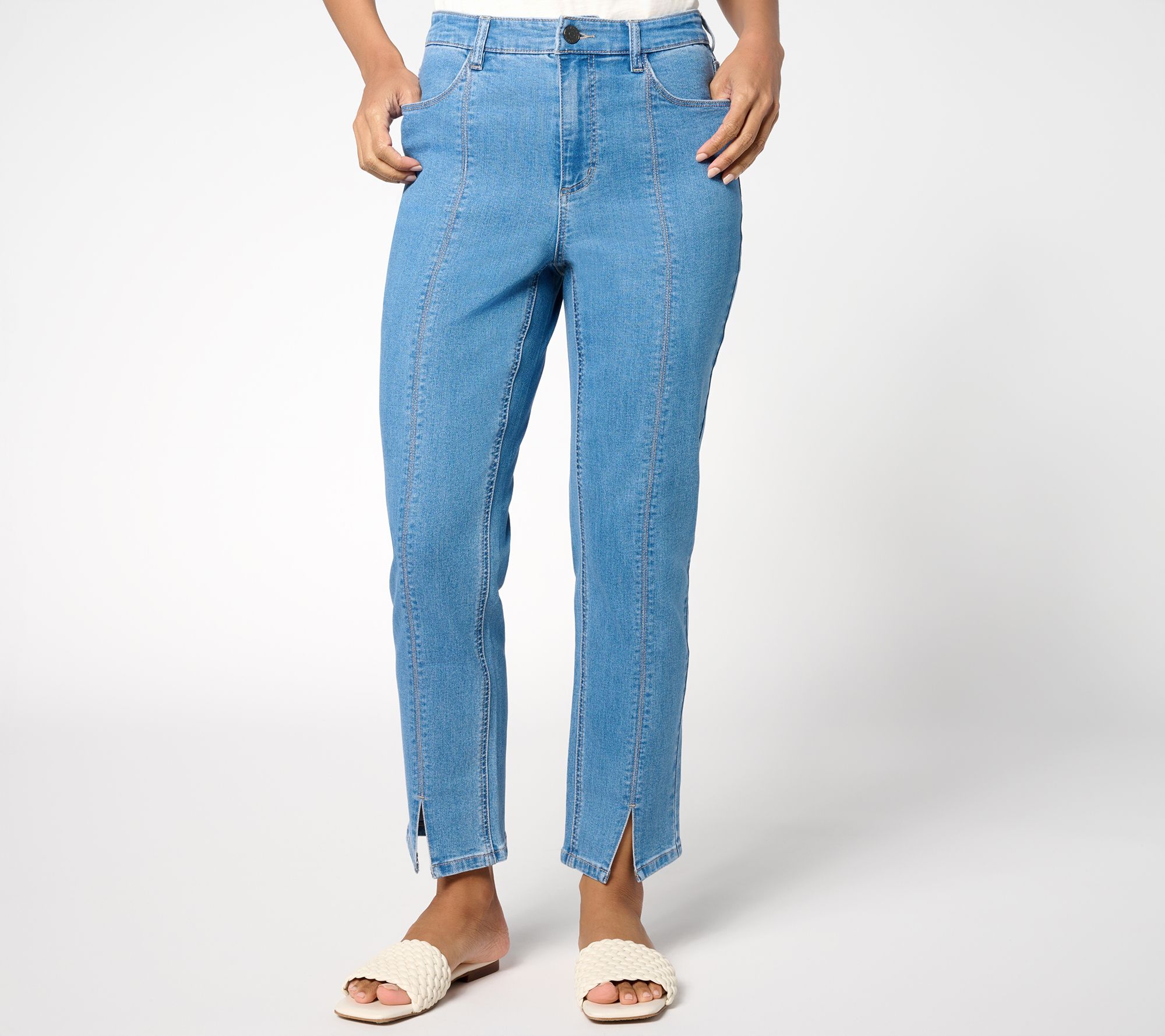 Susan Graver Petite Stretch Denim Ankle Jean with Front Slit