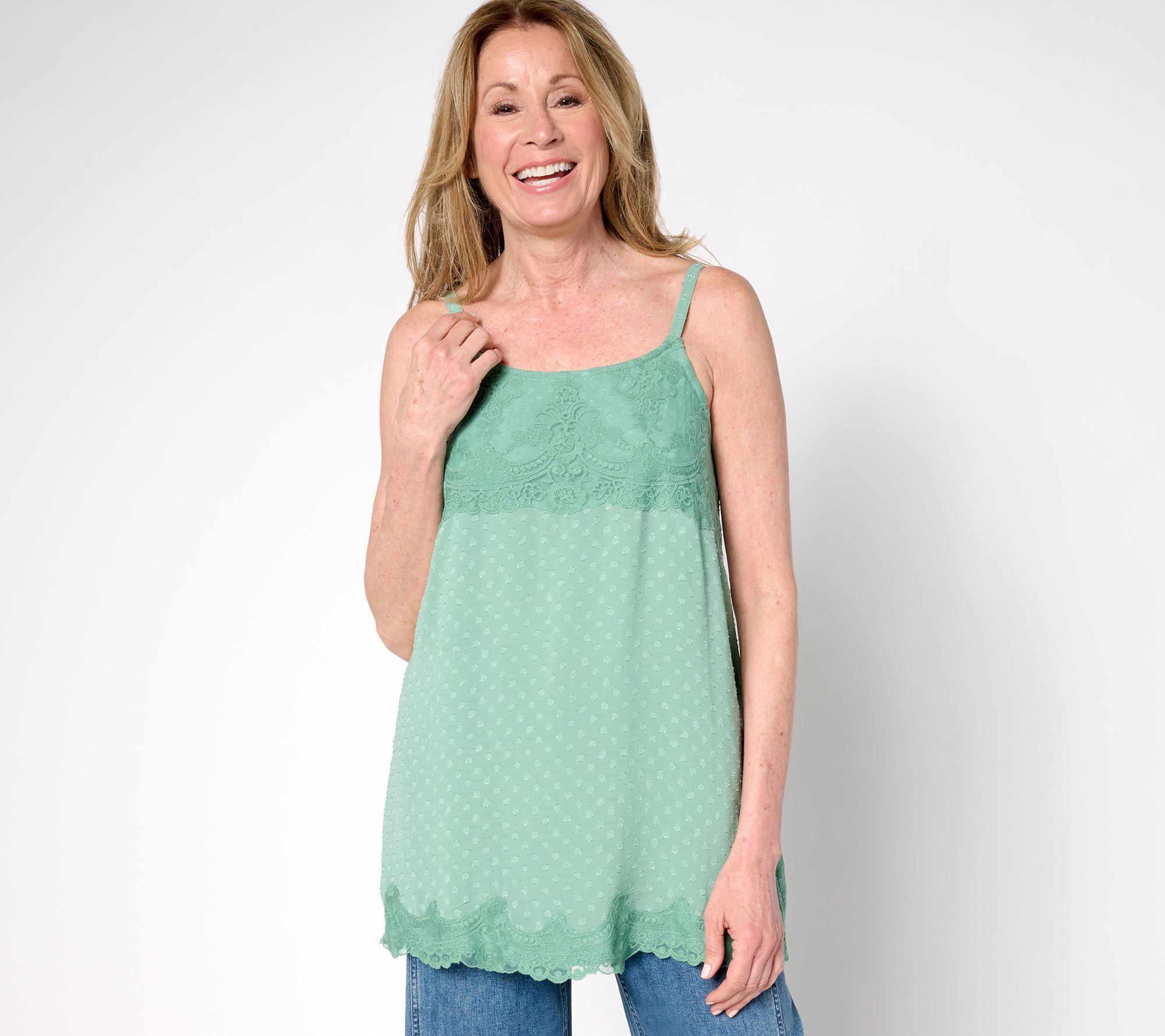 LOGO by Lori Goldstein Woven Clip Dot Tank with Lace Trim
