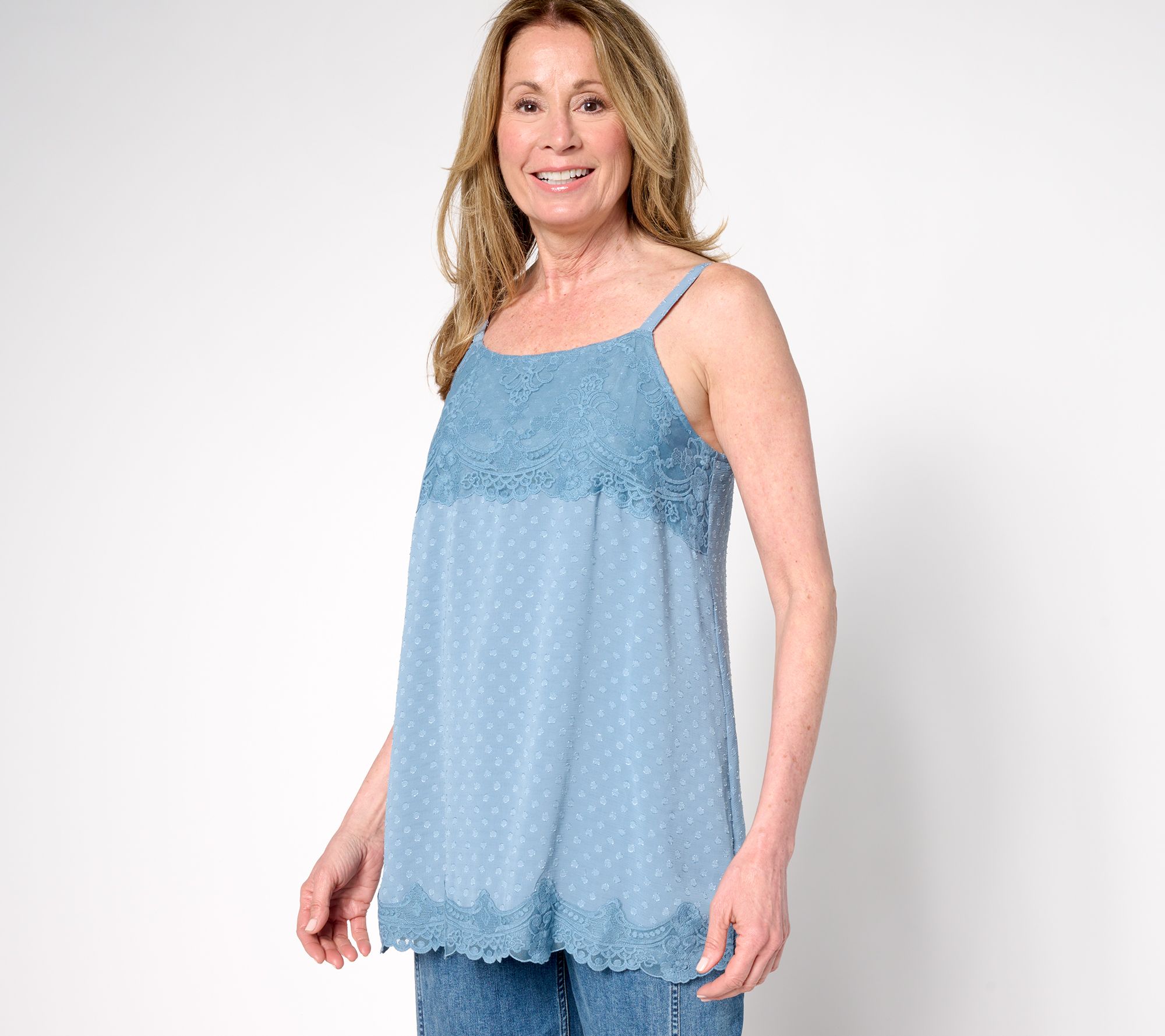 LOGO by Lori Goldstein Woven Clip Dot Tank with Lace Trim