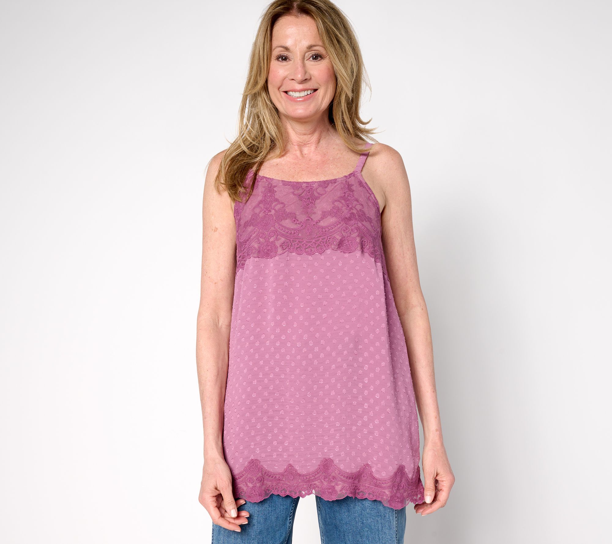＊エミリーページ＊ LOGO by Lori Goldstein Woven Clip Dot Tank with Lace Trim