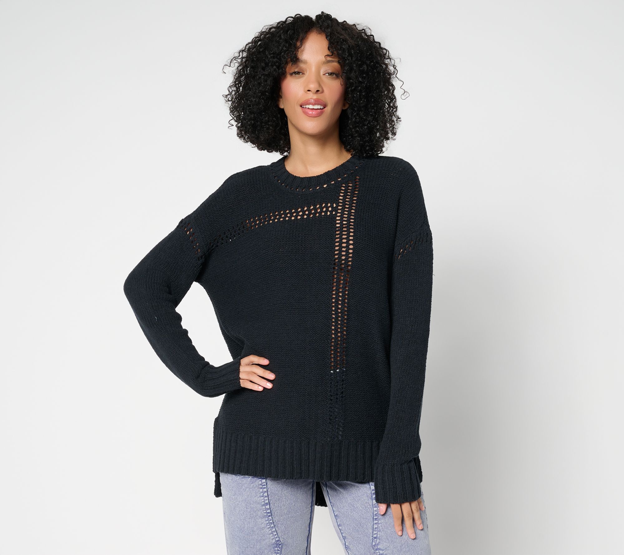 LOGO by Lori Goldstein Crew Neck Sweater with Hi-Low Hem