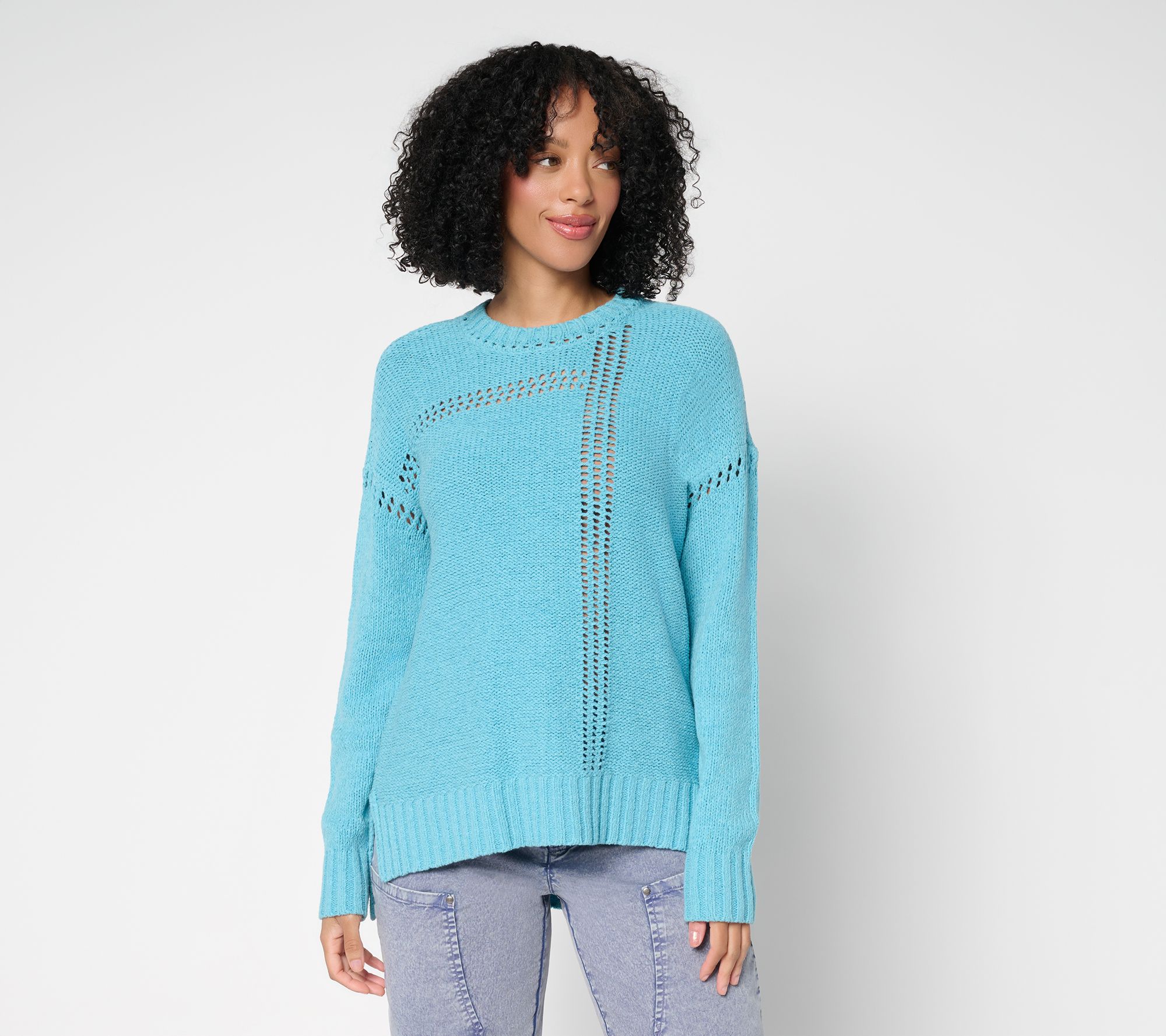 LOGO by Lori Goldstein Crew Neck Sweater with Hi-Low Hem