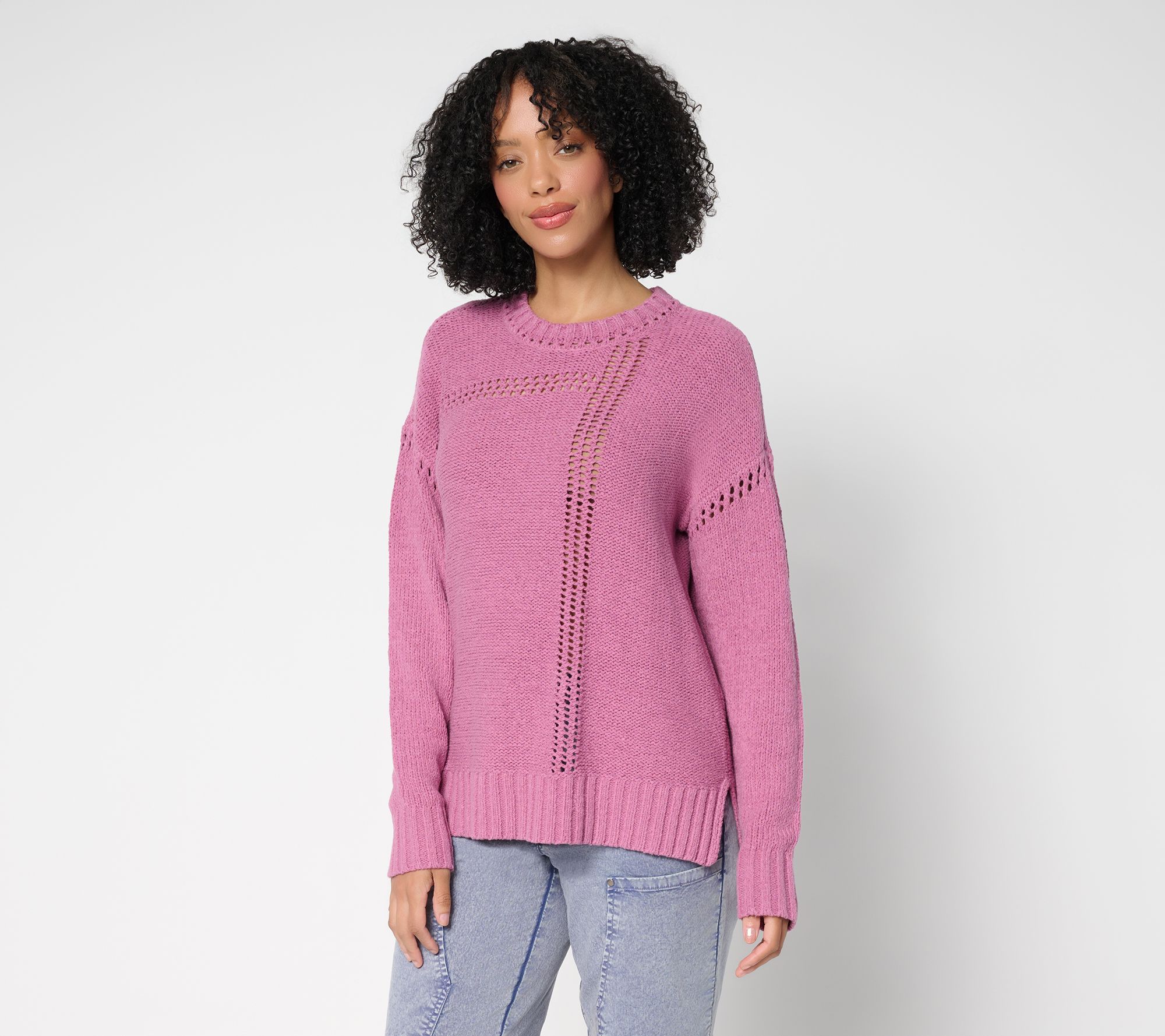 LOGO by Lori Goldstein Crew Neck Sweater with Hi-Low Hem