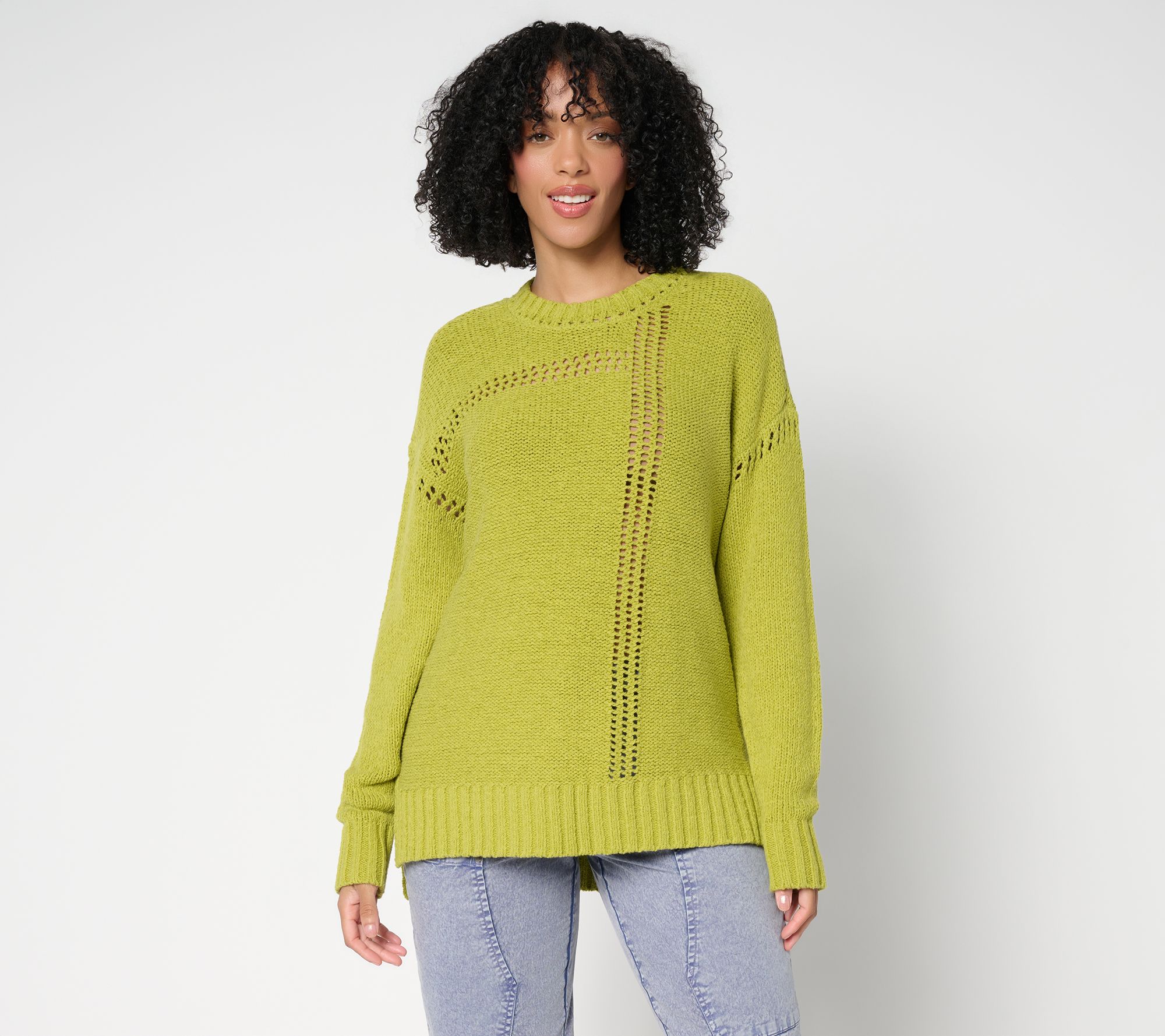 LOGO by Lori Goldstein Crew Neck Sweater with Hi-Low Hem