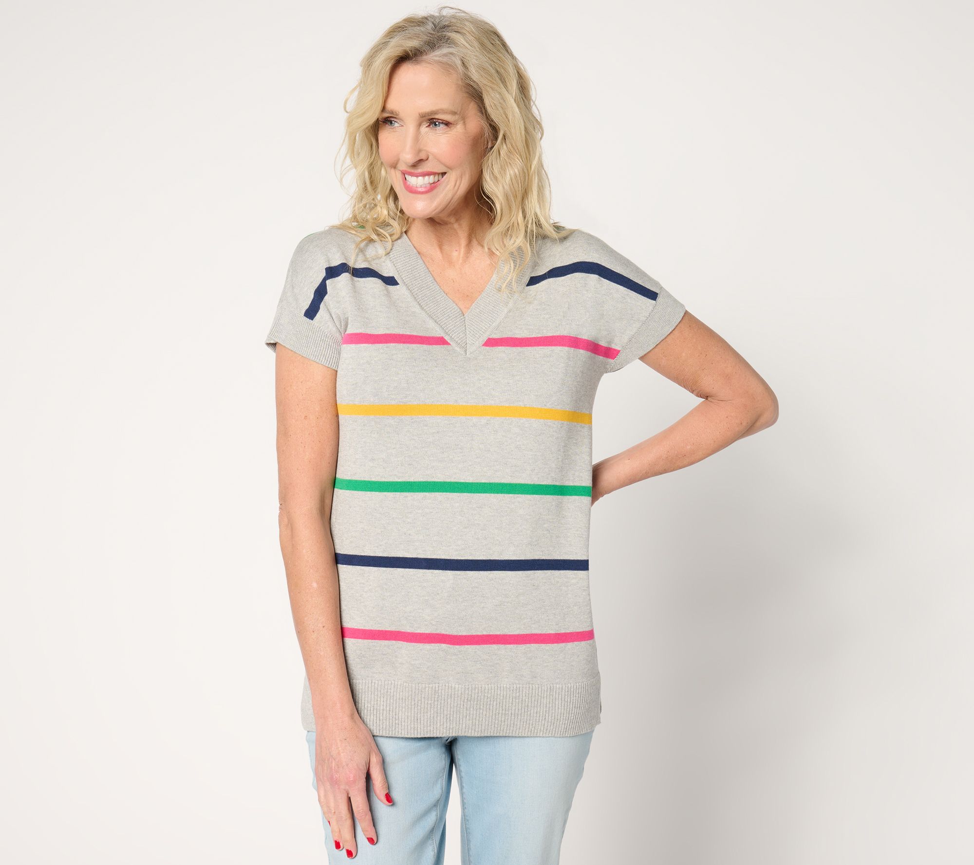 "As Is" Belle by Kim Gravel Hyper Prep Multi Stripe V-Neck Sweater