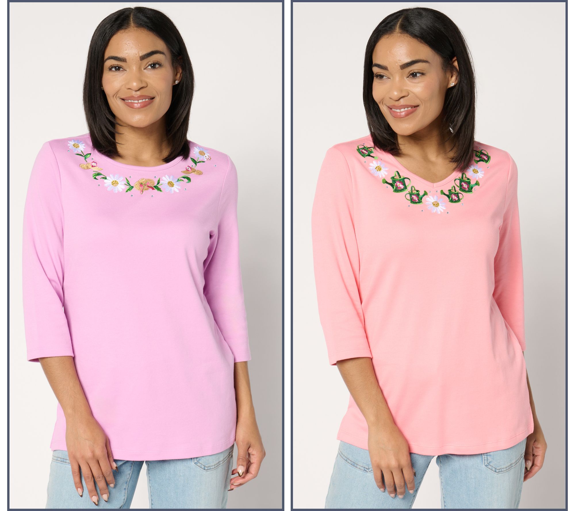 "As Is" Quacker Factory Daisy Double Duo Set of 2 3/4 Sleeve Tops