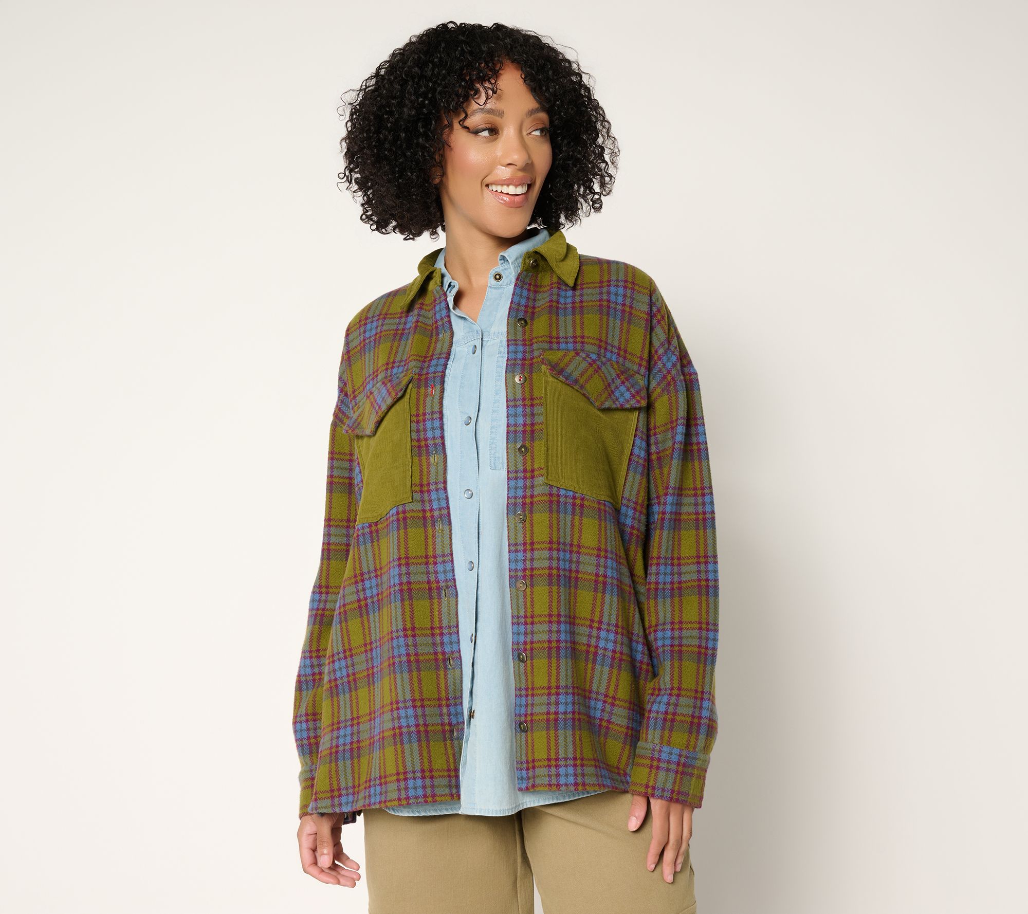  Peace Love World Brushed Flannel Plaid Jacket with Corduroy Collar