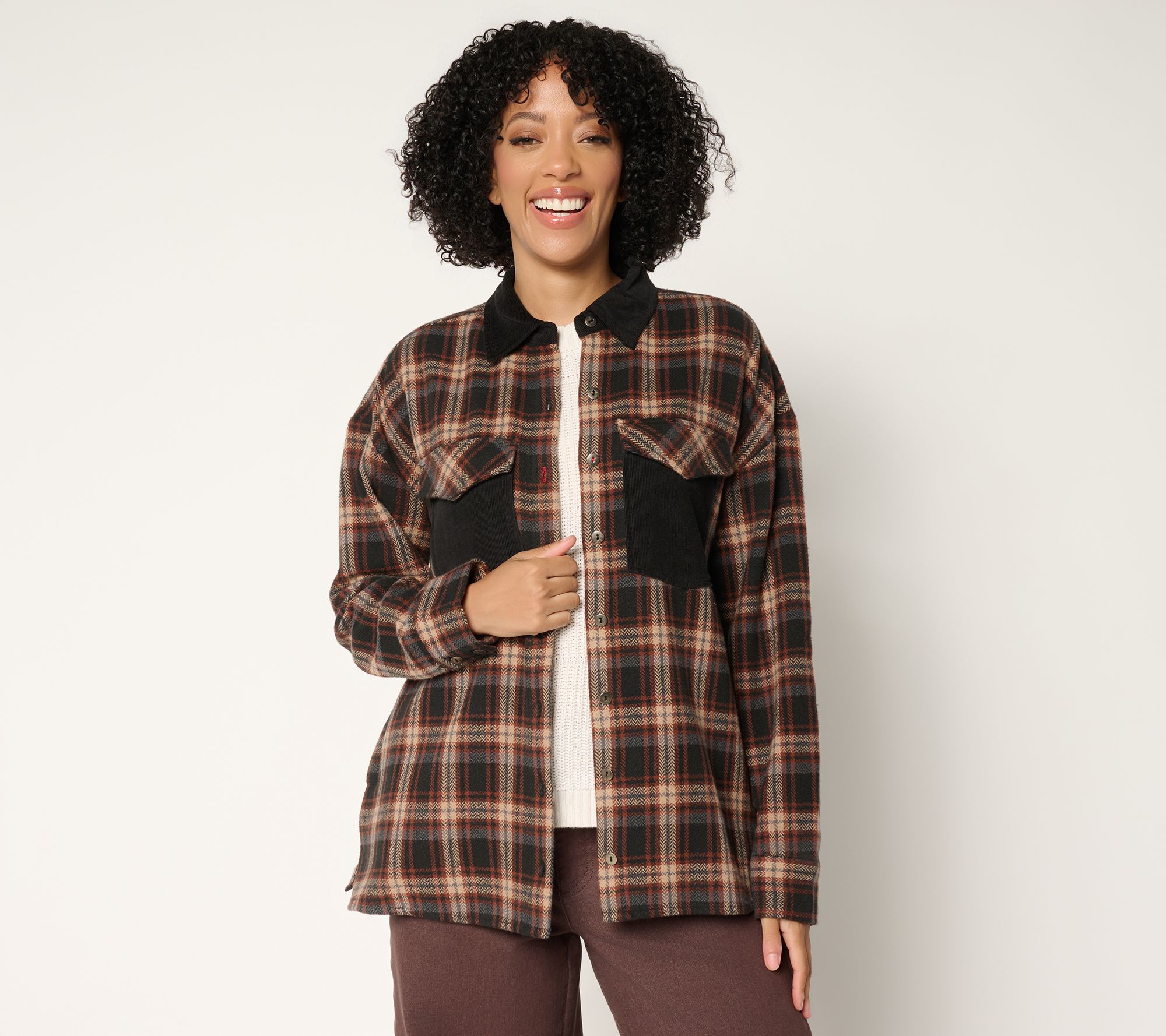 Peace Love World Brushed Flannel Plaid Jacket with Corduroy Collar