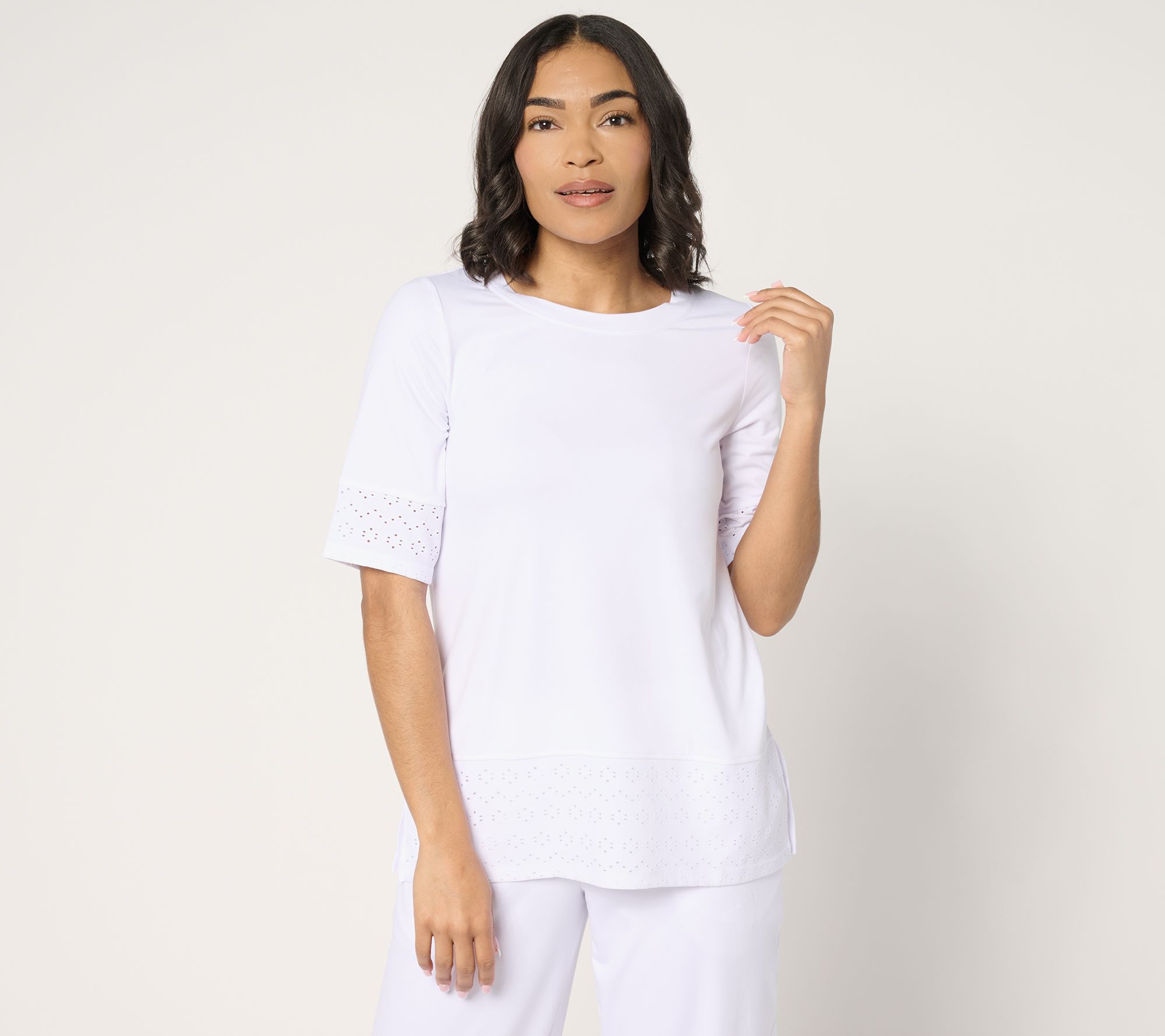 "As Is" Cuddl Duds Flexwear with Eyelet Crew Neck Top