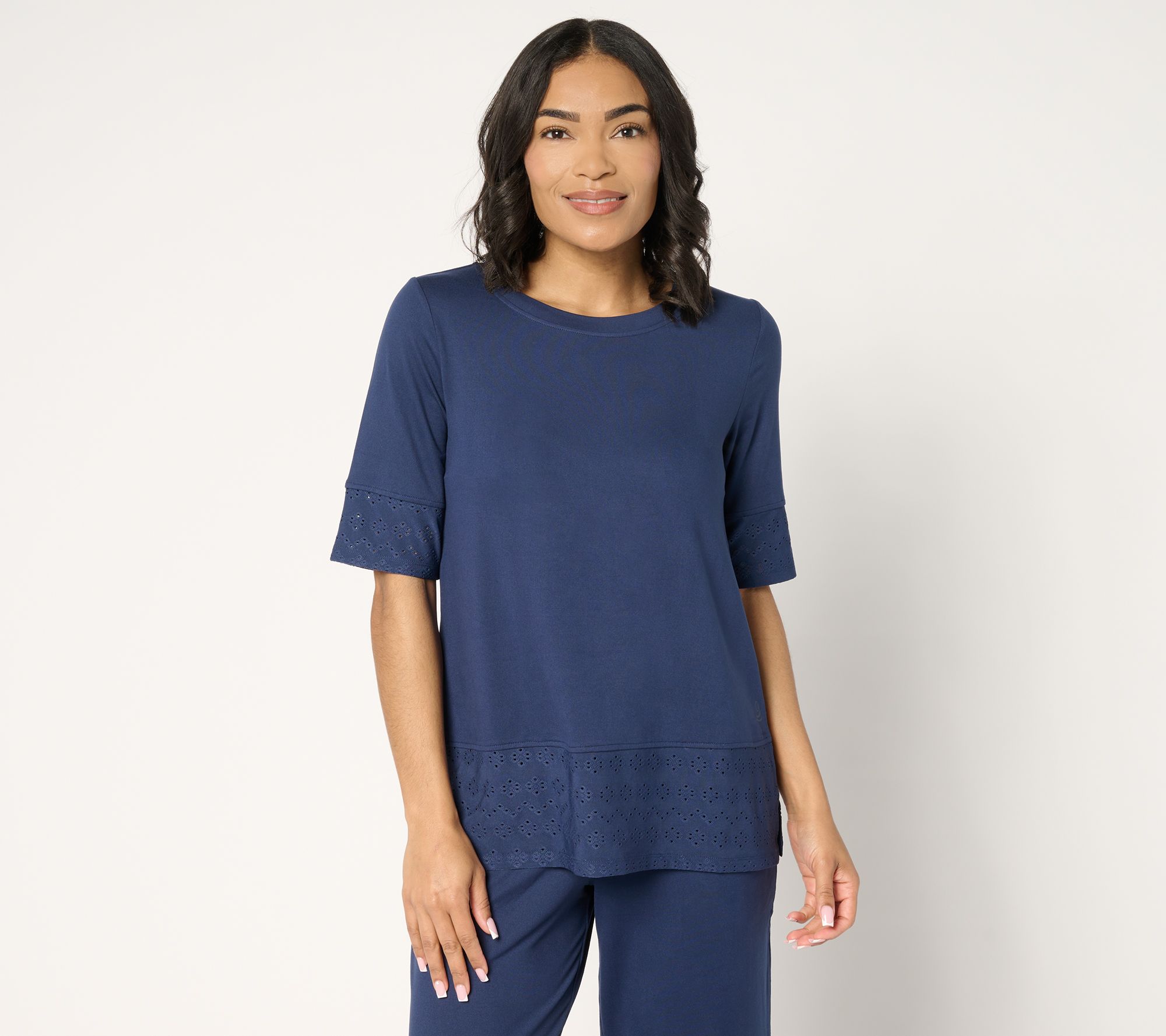 "As Is" Cuddl Duds Flexwear with Eyelet Crew Neck Top