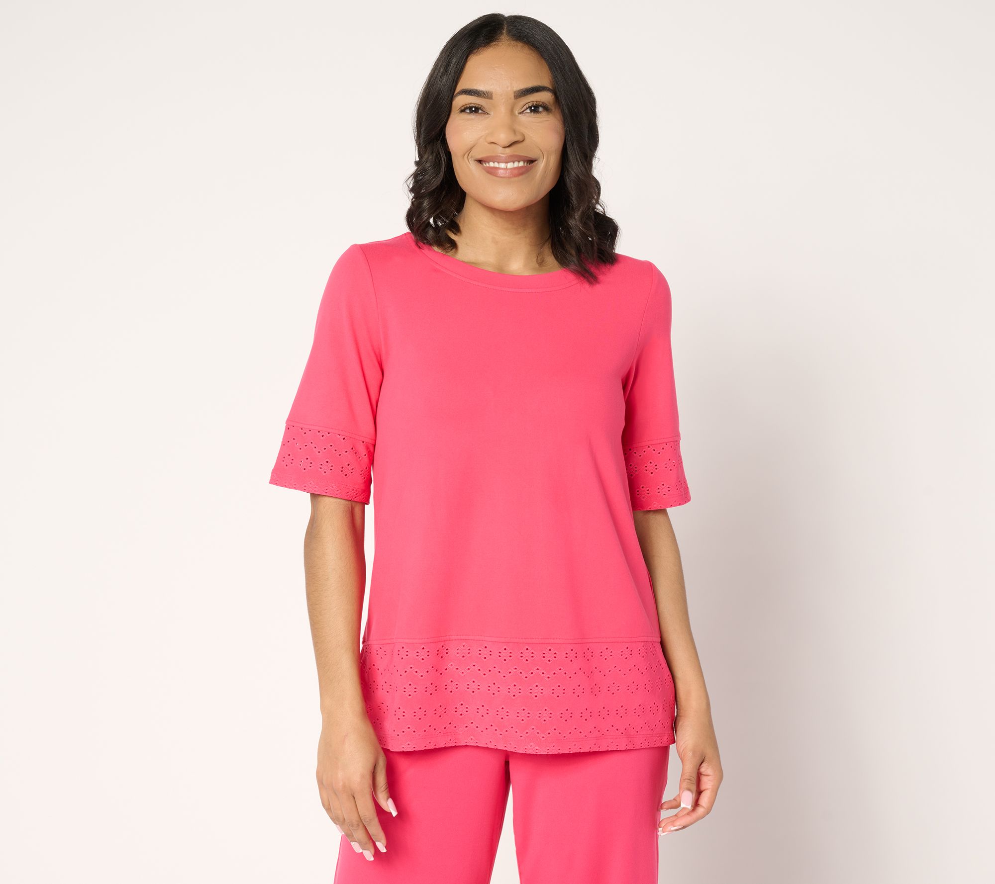 "As Is" Cuddl Duds Flexwear with Eyelet Crew Neck Top