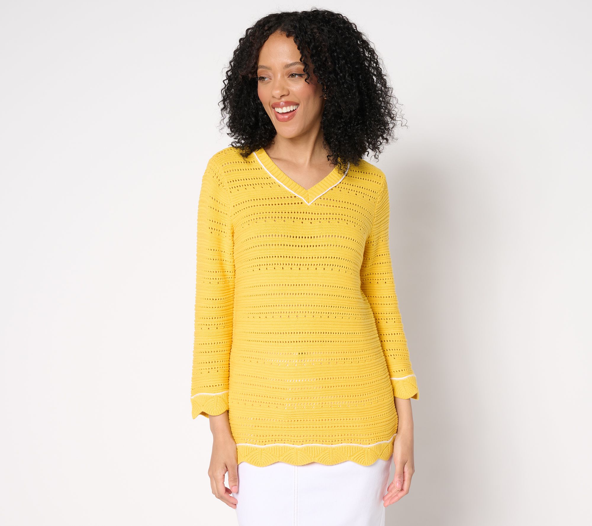 As Is Denim & Co. Beach 100% Cotton 3/4 Slv V-Neck Sweater