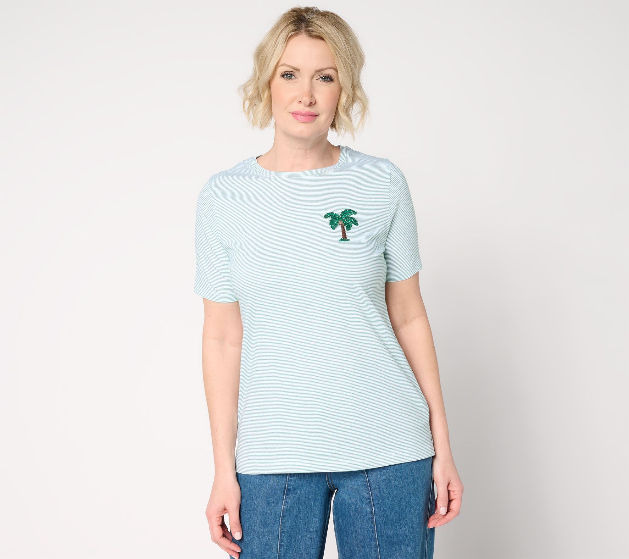 "As Is" Denim & Co. Yarn-Dye Cotton Jersey Short Sleeve Embellished Top