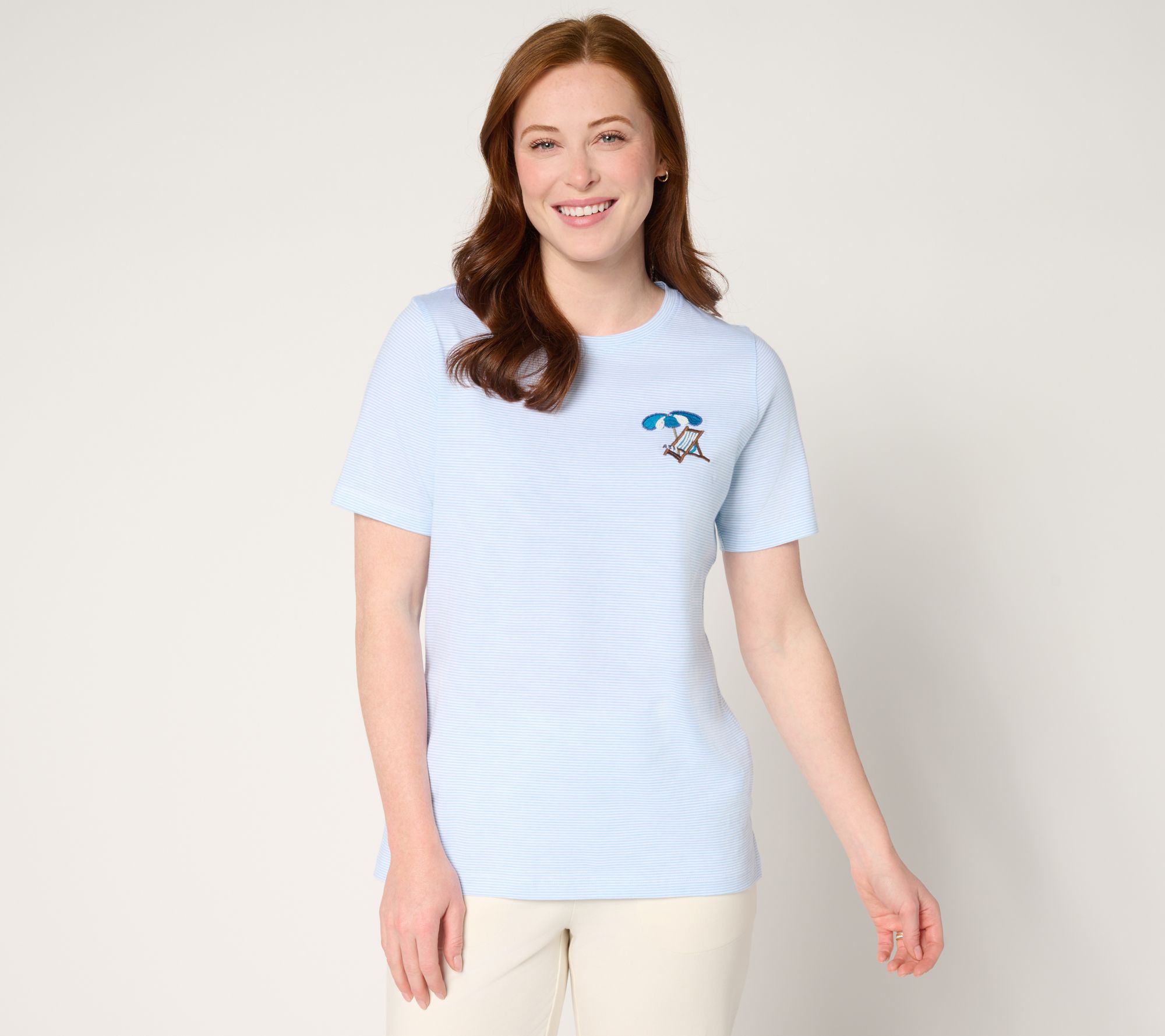 "As Is" Denim & Co. Yarn-Dye Cotton Jersey Short Sleeve Embellished Top