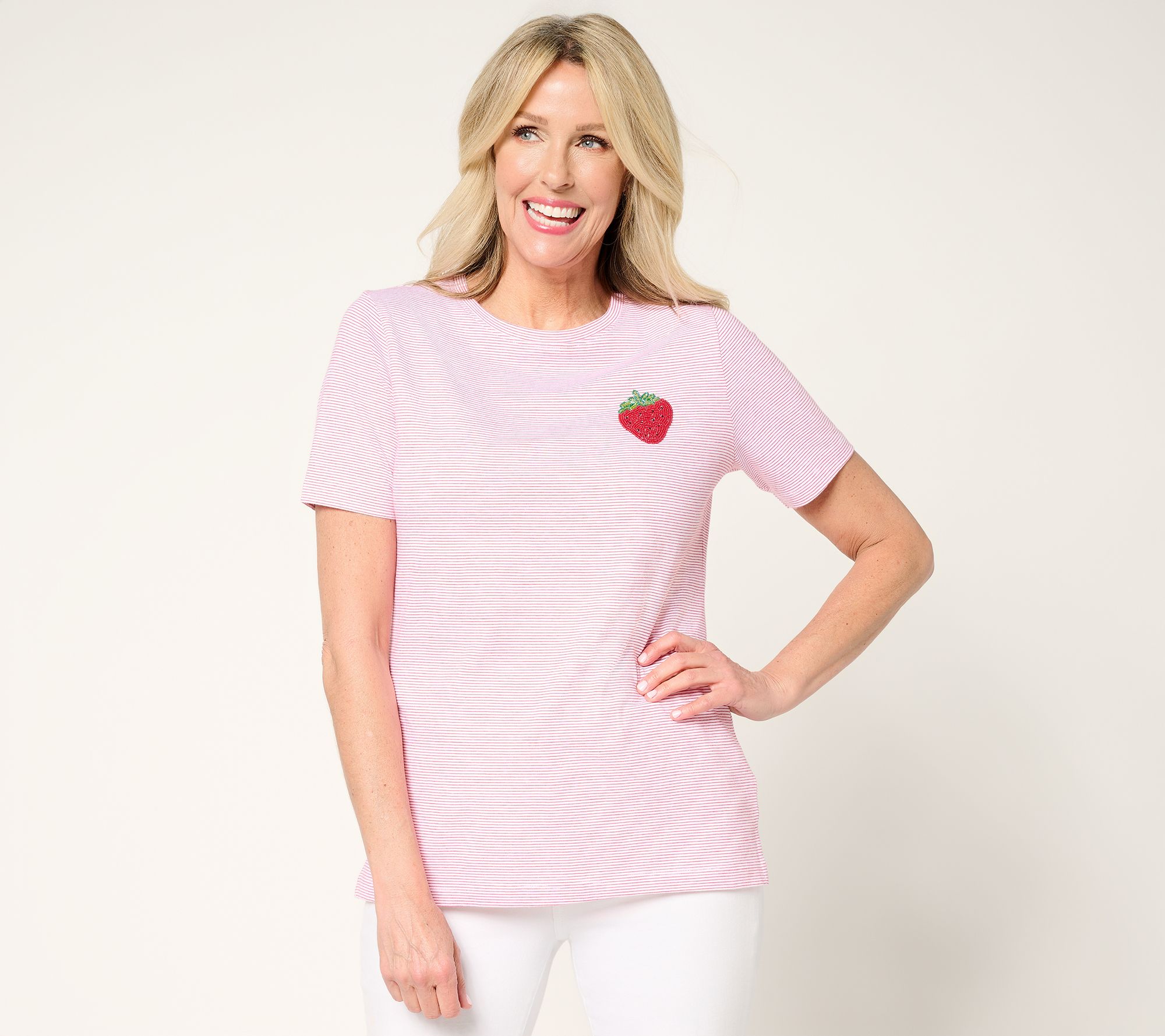 "As Is" Denim & Co. Yarn-Dye Cotton Jersey Short Sleeve Embellished Top