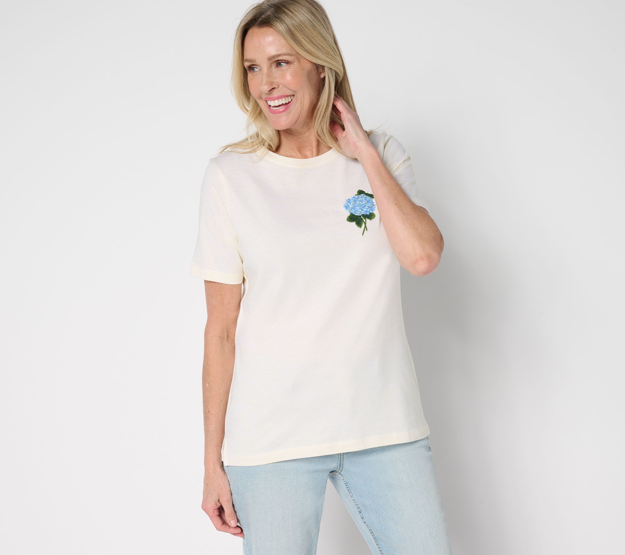 "As Is" Denim & Co. Yarn-Dye Cotton Jersey Short Sleeve Embellished Top