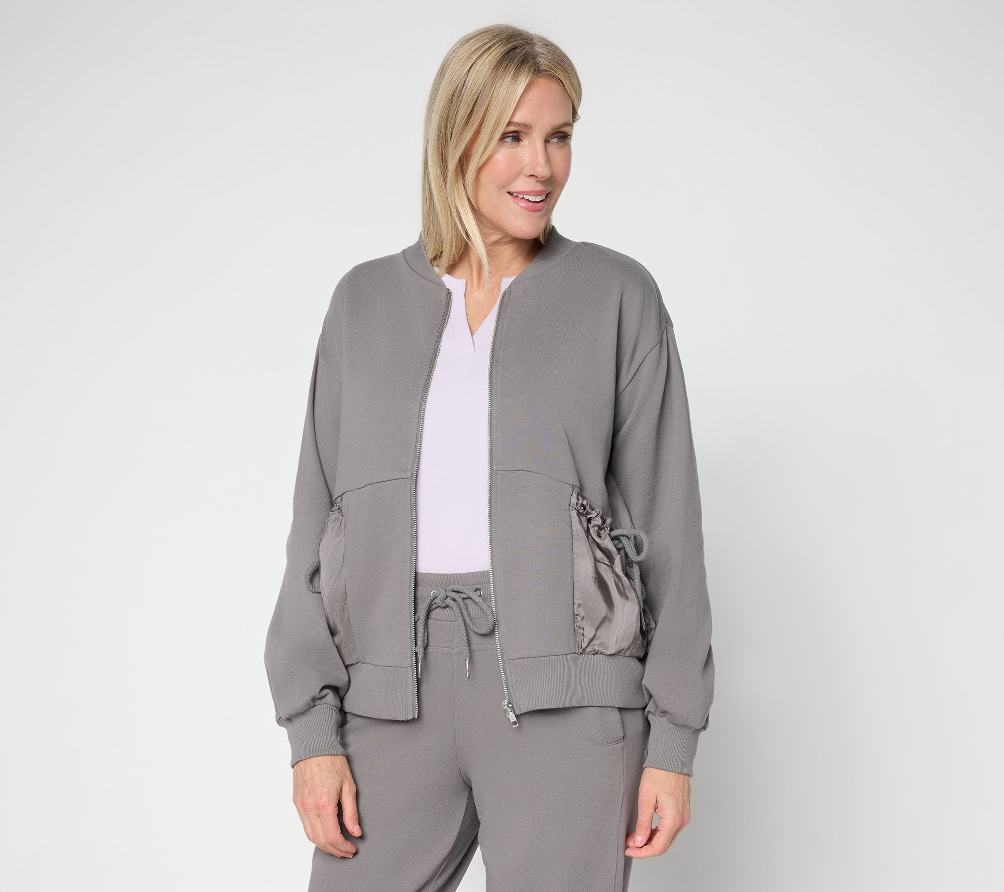 LOGO by Lori Goldstein French Terry Zip Front Bomber Jacket