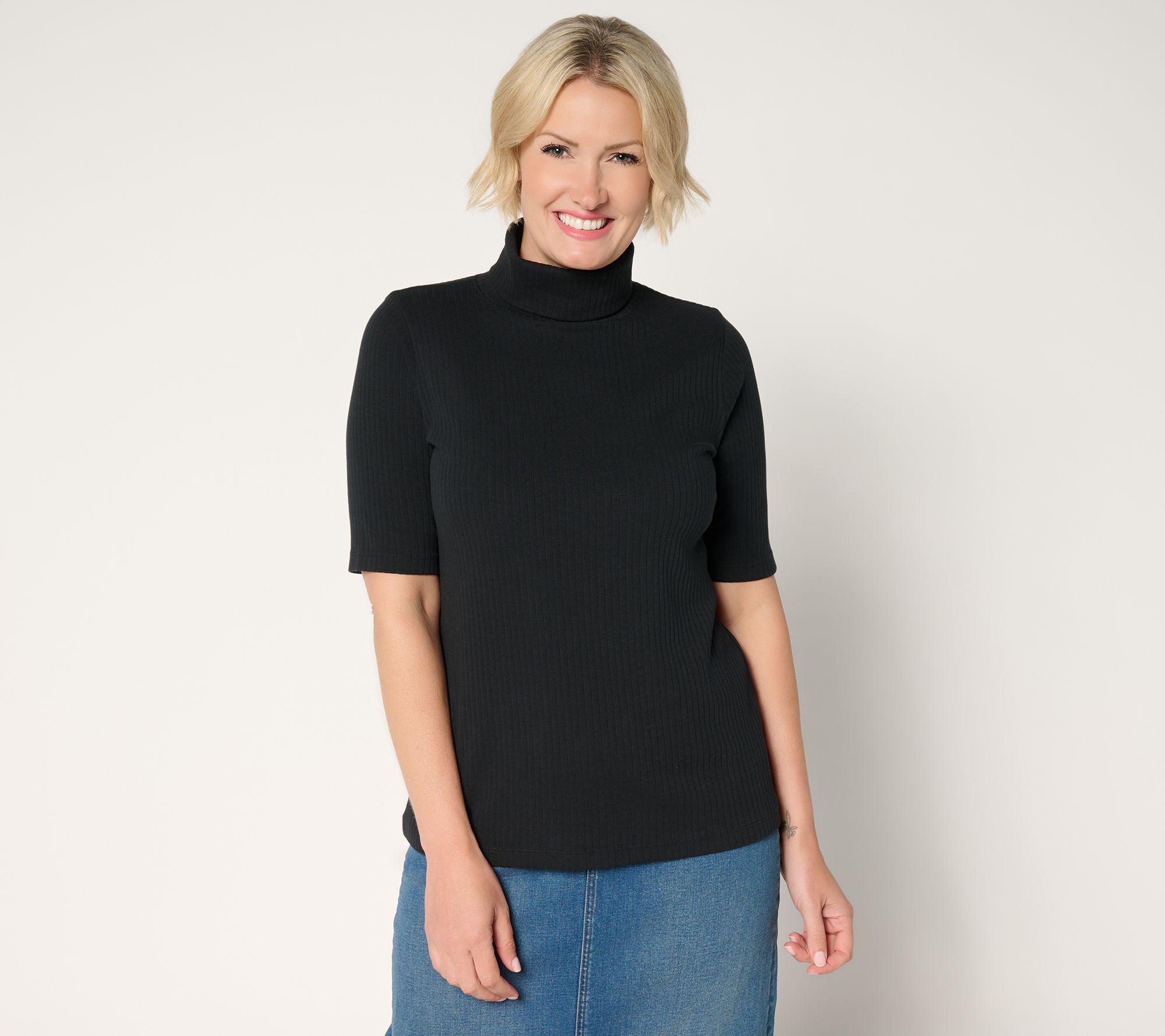 "As Is" Denim & Co. Essentials Ribbed Elbow Sleeve Turtleneck Top