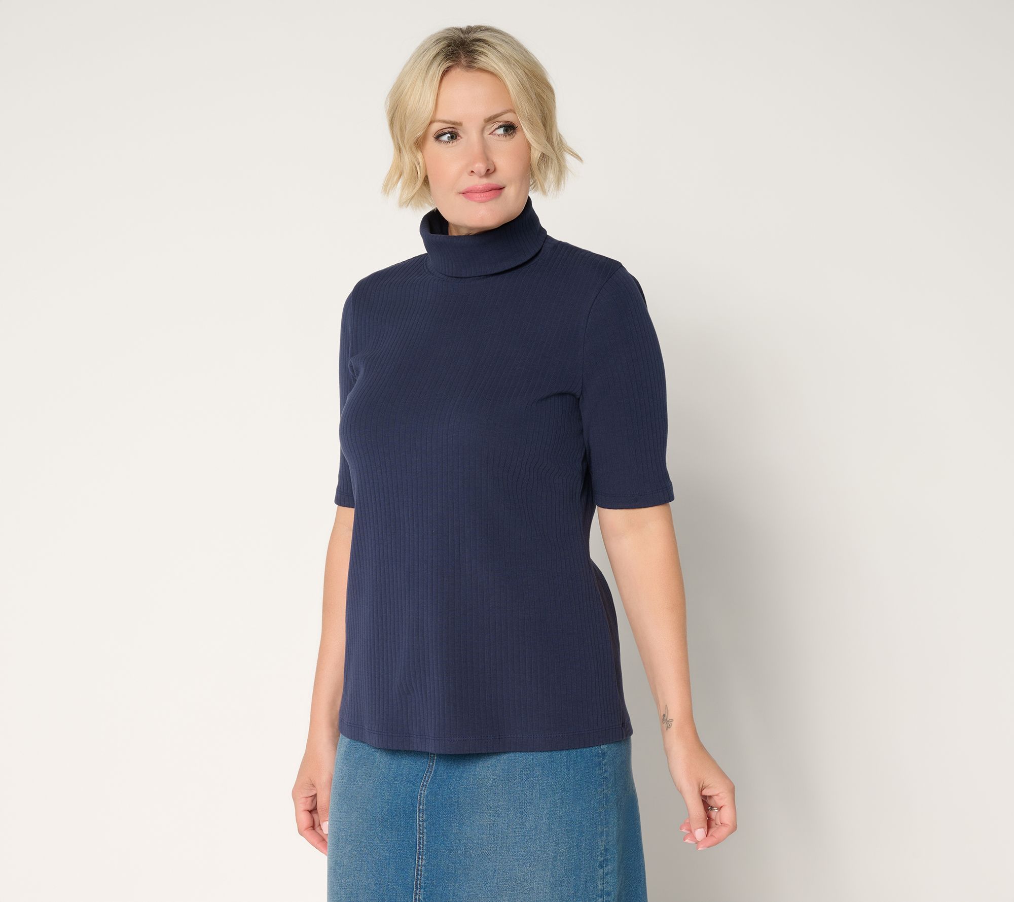 "As Is" Denim & Co. Essentials Ribbed Elbow Sleeve Turtleneck Top