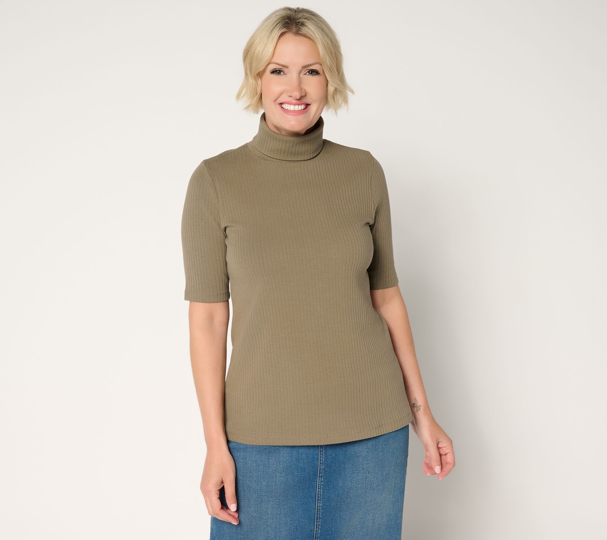 "As Is" Denim & Co. Essentials Ribbed Elbow Sleeve Turtleneck Top