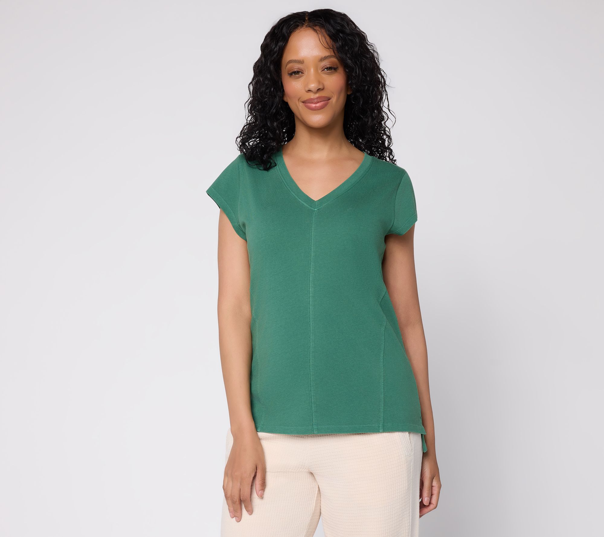 AnyBody Washed Cotton V-Neck Seamed Top With Cap Sleeve
