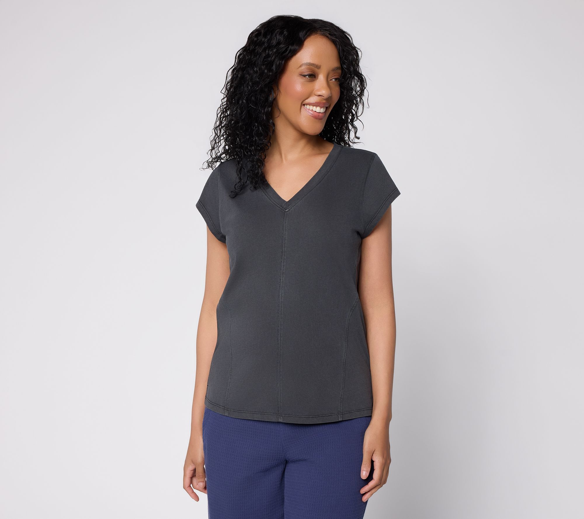 AnyBody Washed Cotton V-Neck Seamed Top With Cap Sleeve