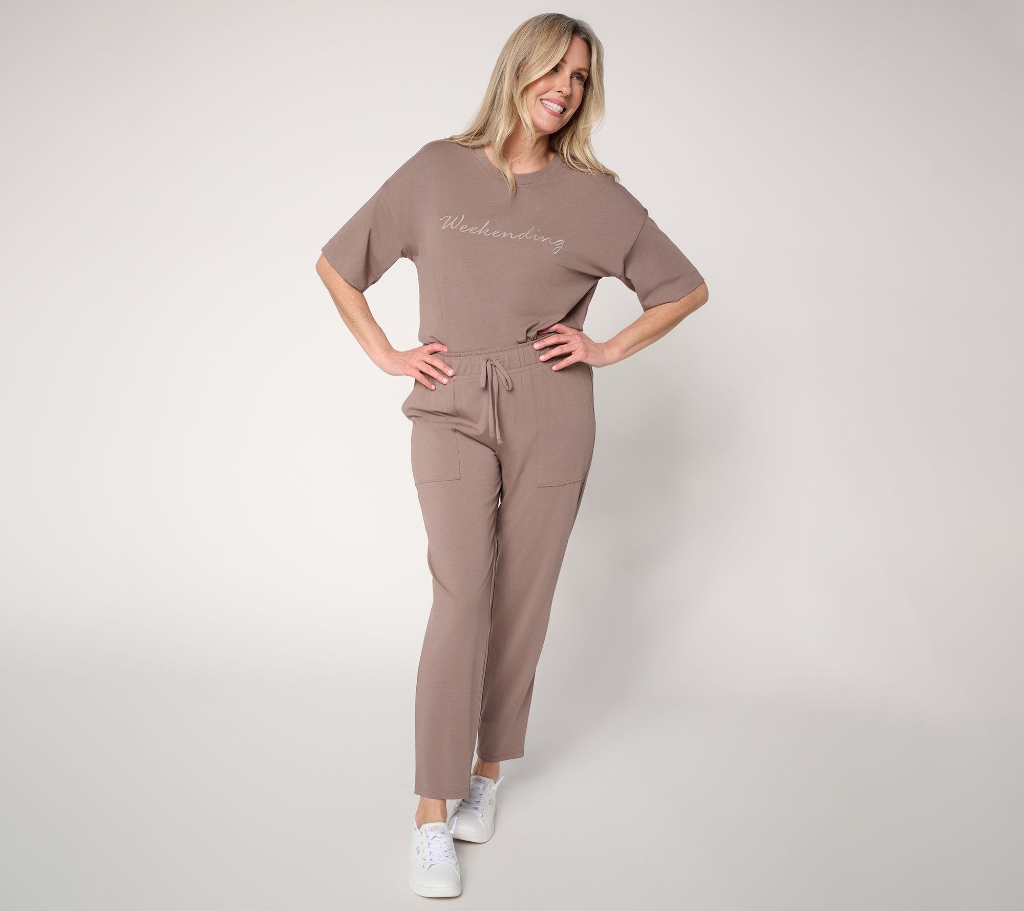 AnyBody Petite Cozy Knit Lounge Set with Embroidery