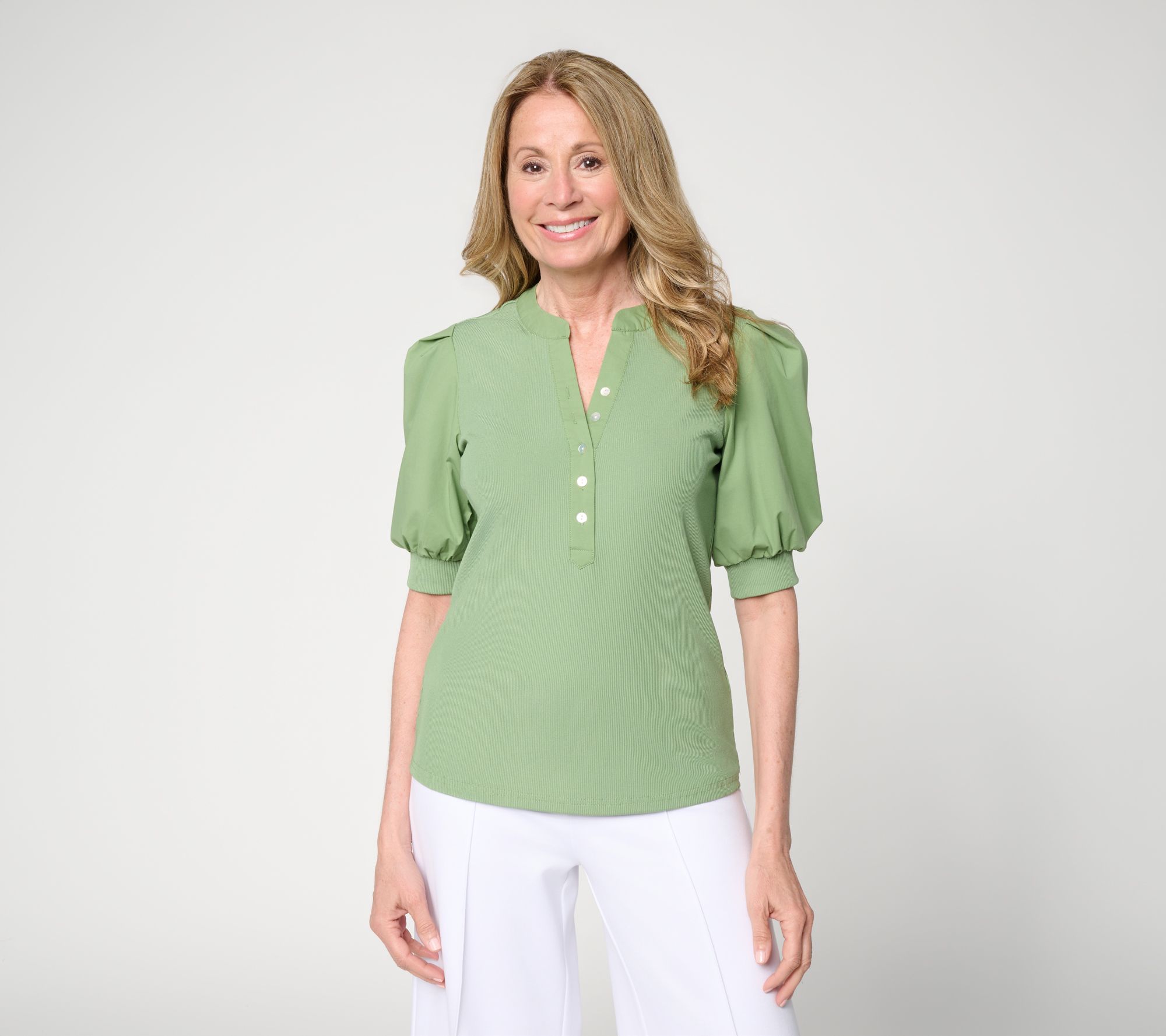 nicole by Nicole Miller Mixed Media Puff Sleeve Henley Top