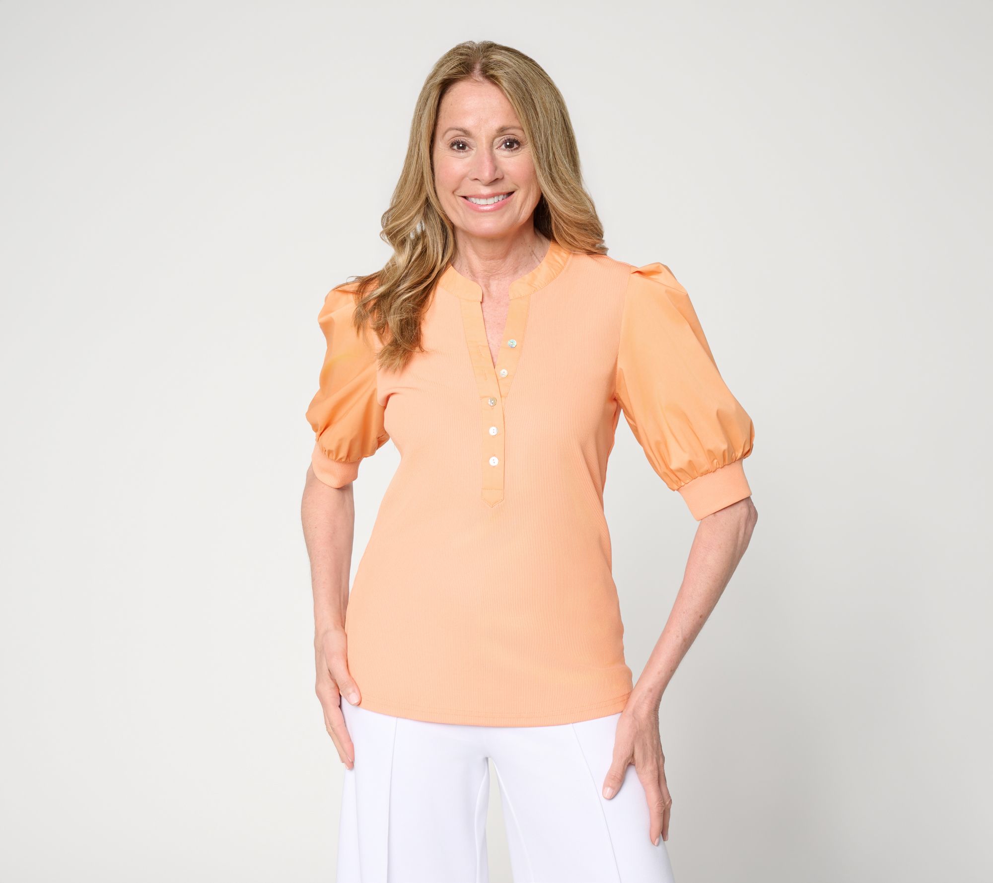 nicole by Nicole Miller Mixed Media Puff Sleeve Henley Top