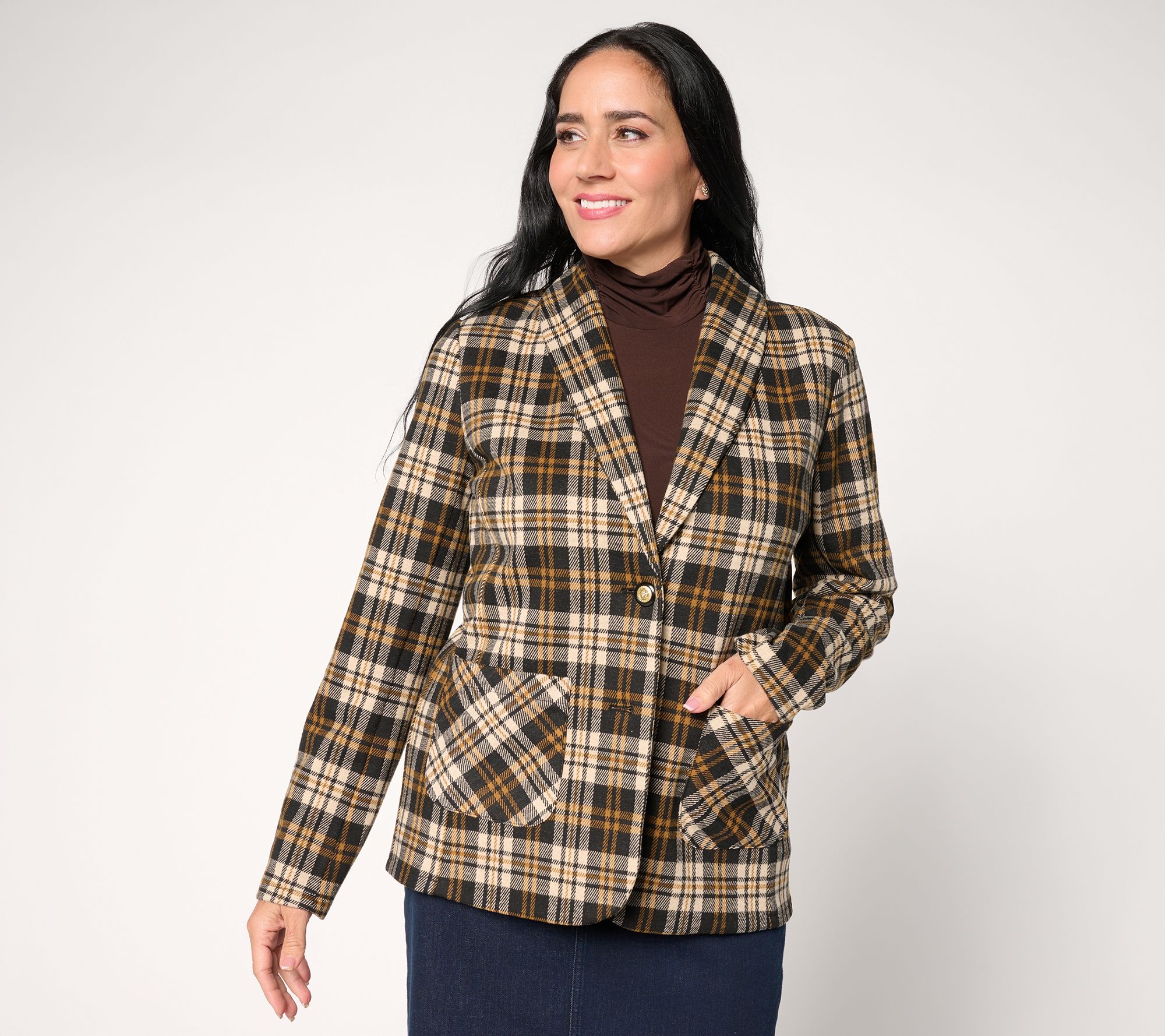 "As Is" Susan Graver Petite Jacquard Knit Plaid Shawl Collar Blazer