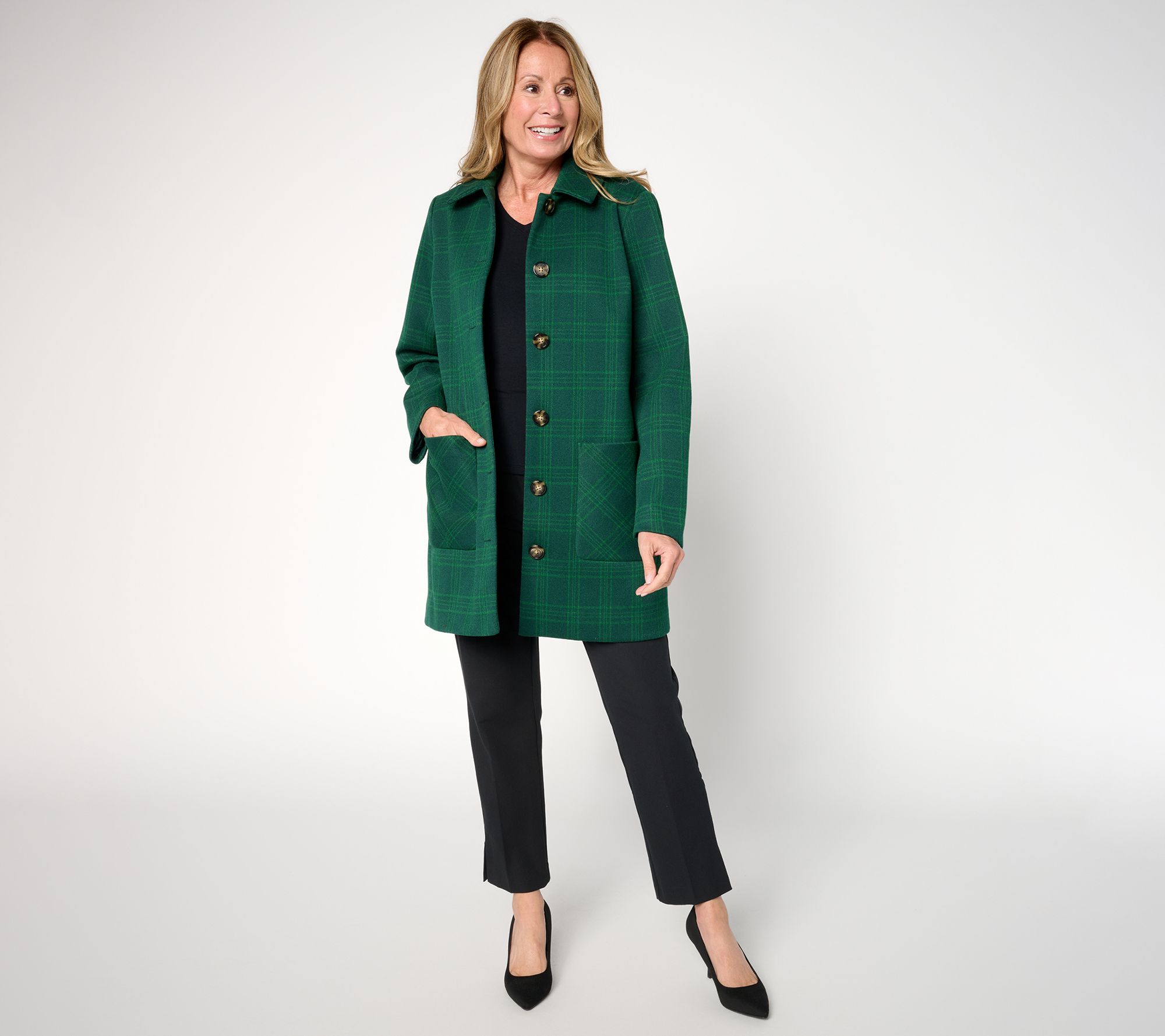 "As Is" Susan Graver Petite Glen Plaid Button Front Coat