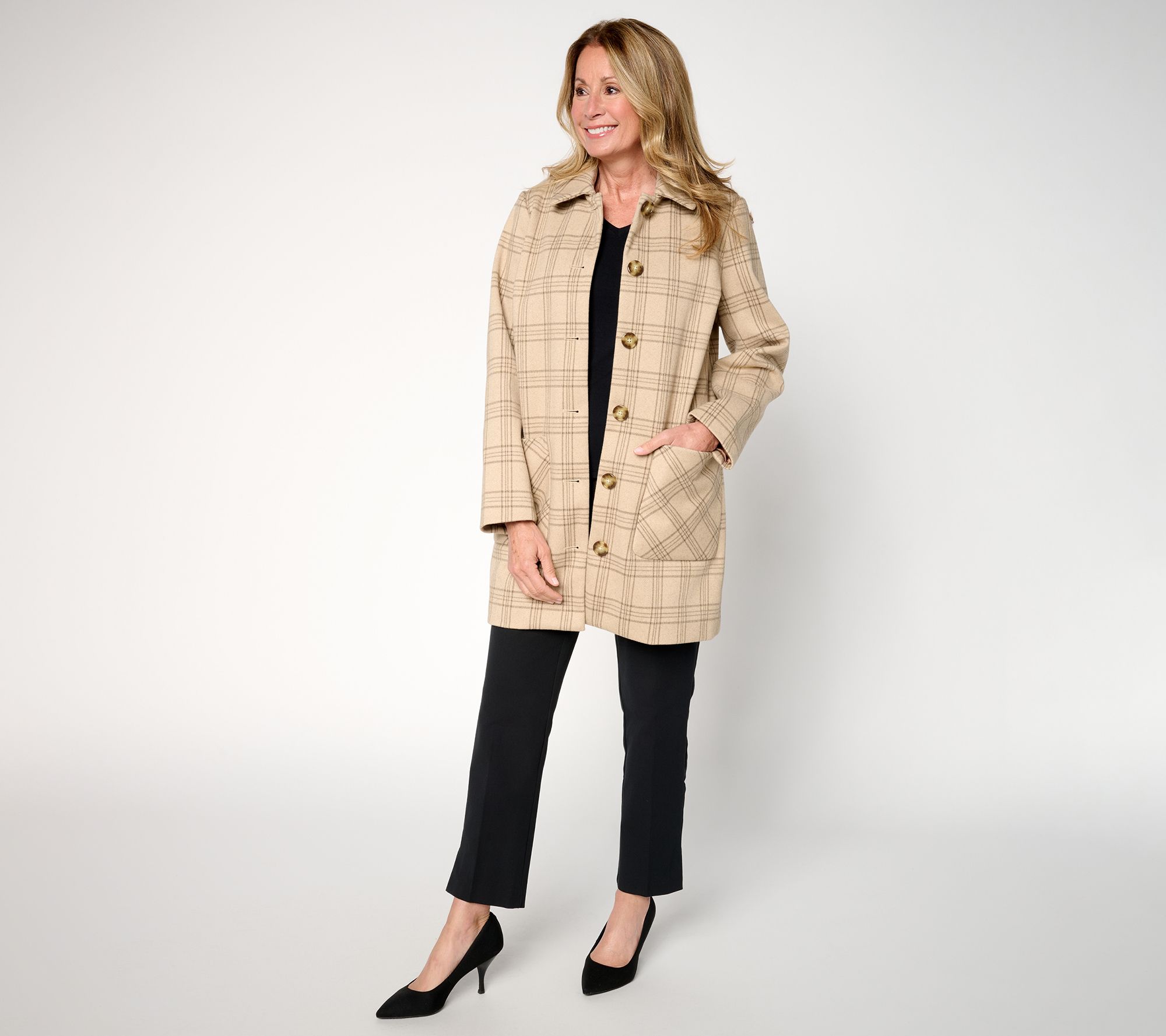 "As Is" Susan Graver Petite Glen Plaid Button Front Coat