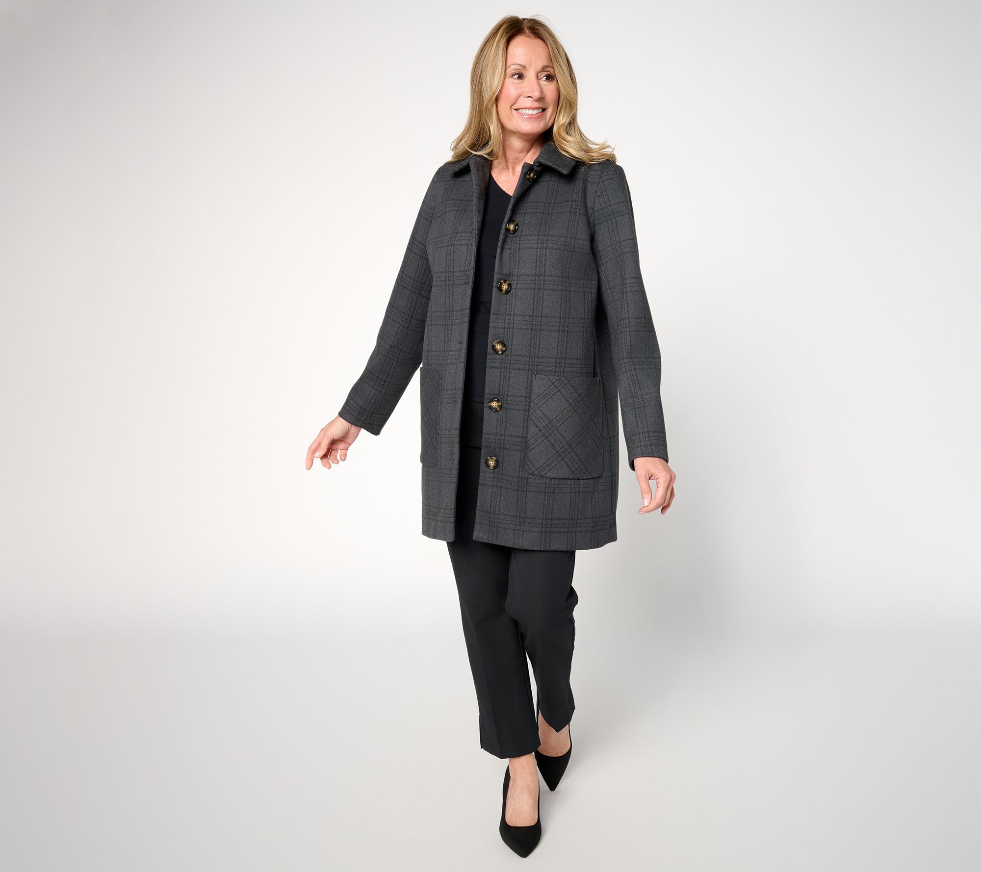 "As Is" Susan Graver Petite Glen Plaid Button Front Coat