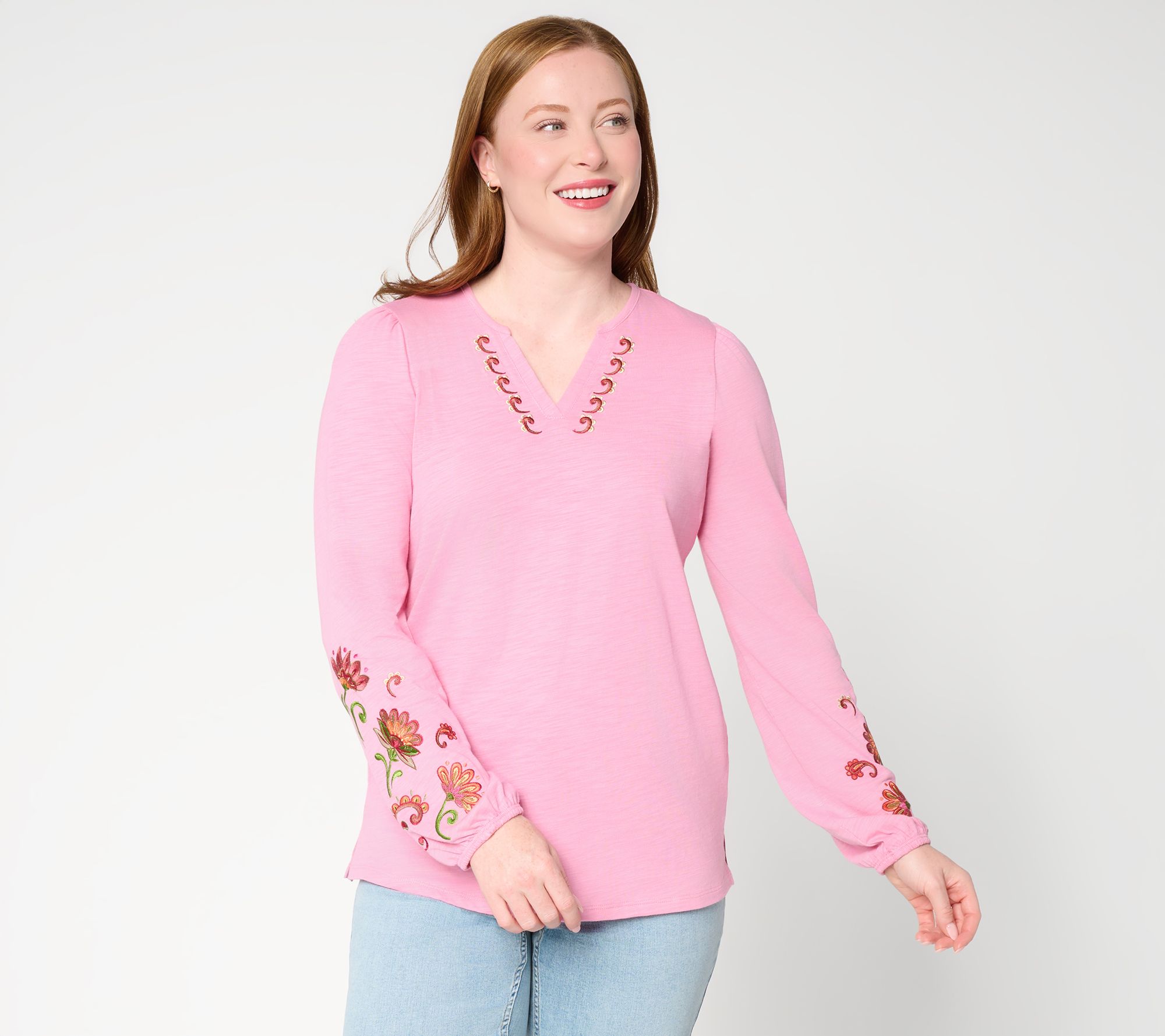 Belle Boho by Kim Gravel Slub Knit Embroidered Split Neck Top
