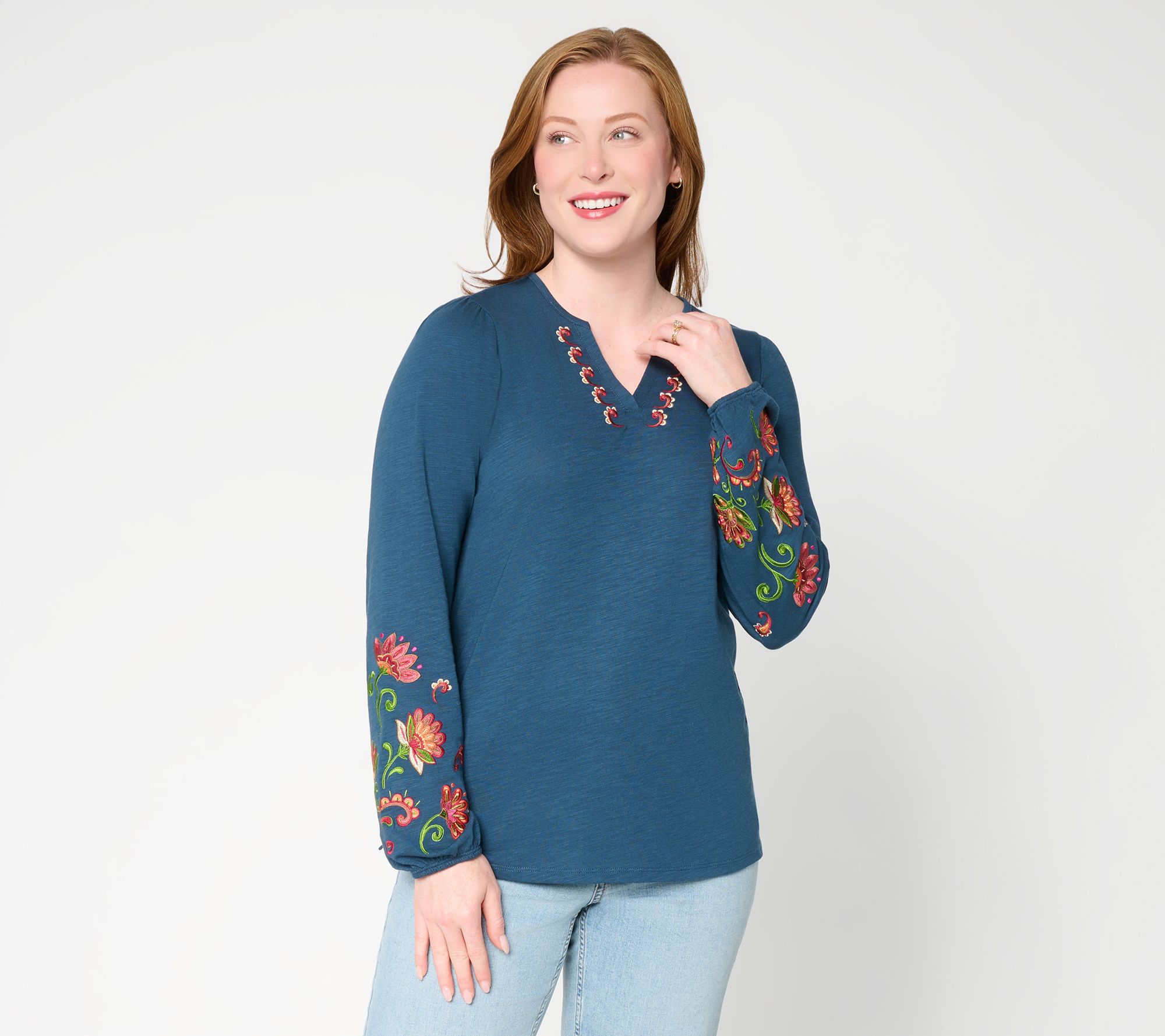 Belle Boho by Kim Gravel Slub Knit Embroidered Split Neck Top