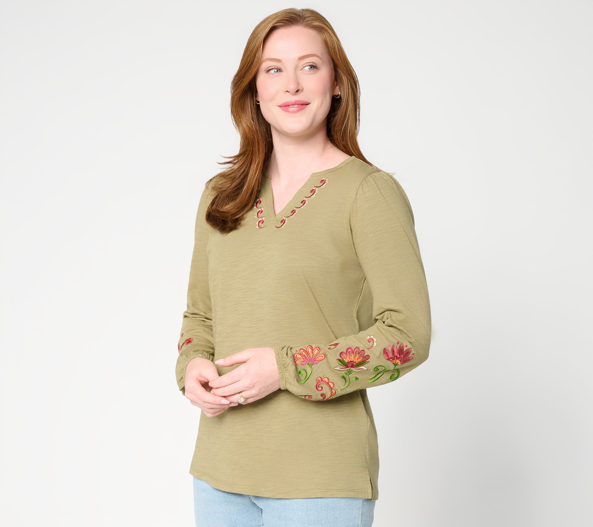 Belle Boho by Kim Gravel Slub Knit Embroidered Split Neck Top