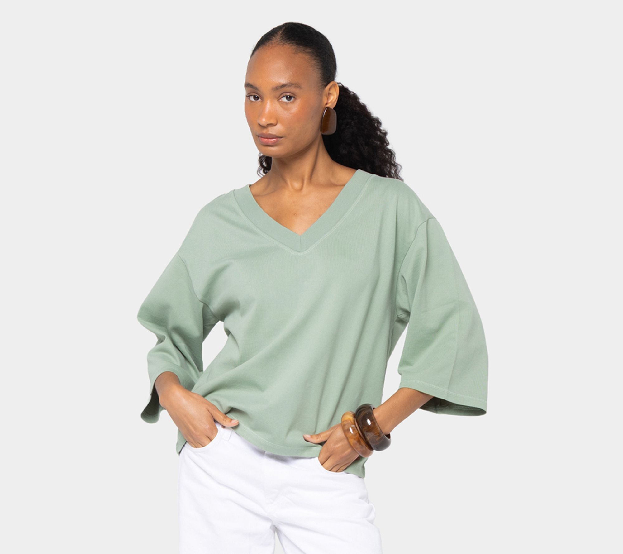 Peace Love World 3/4 Sleeve V-Neck Side Pleat Tee