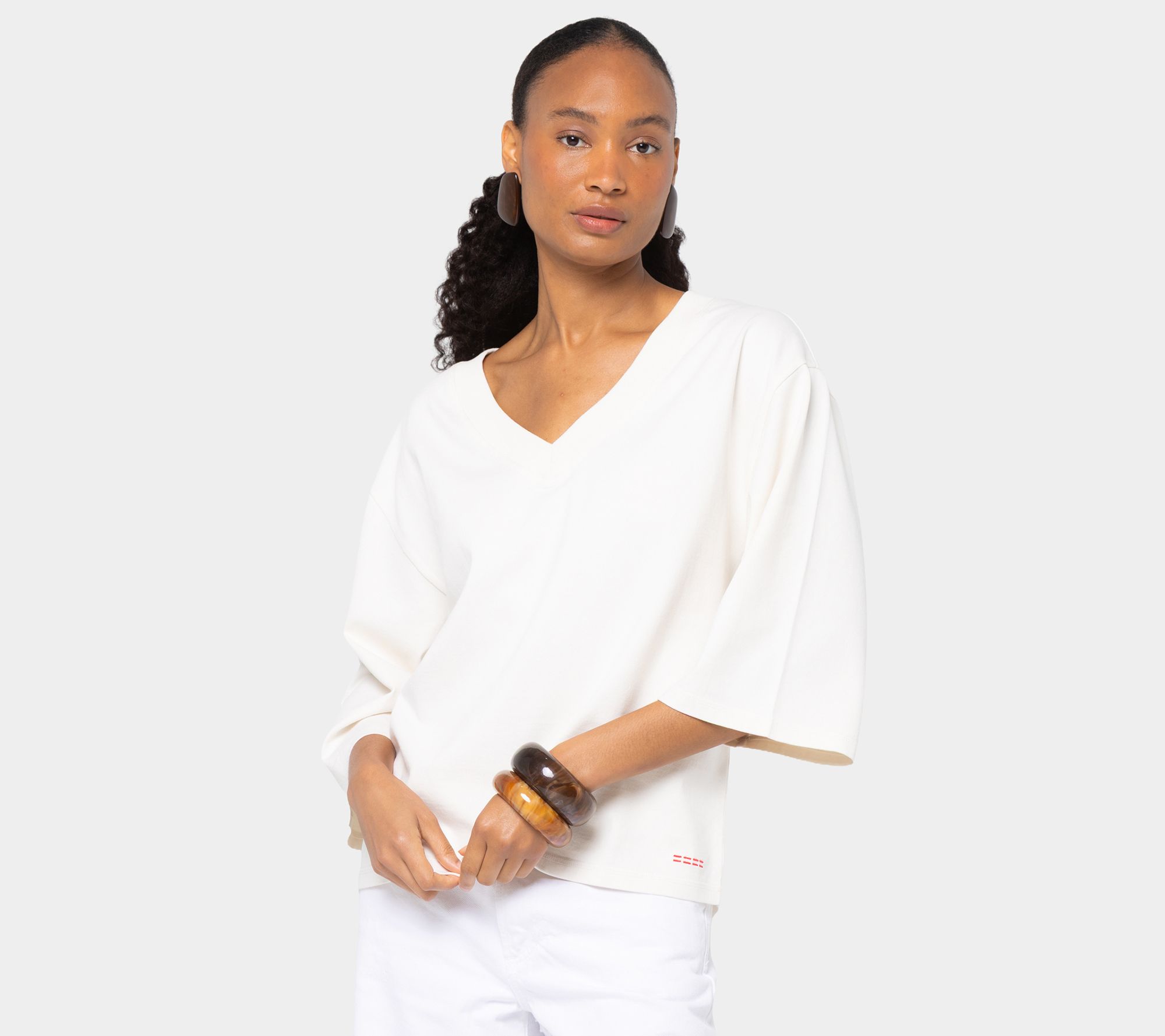 Peace Love World 3/4 Sleeve V-Neck Side Pleat Tee