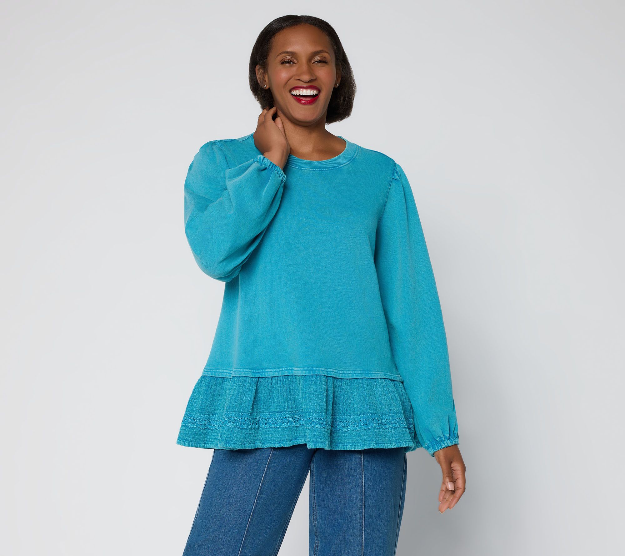 LOGO by Lori Goldstein Mixed Media Ruffle Hem Long Sleeve Top