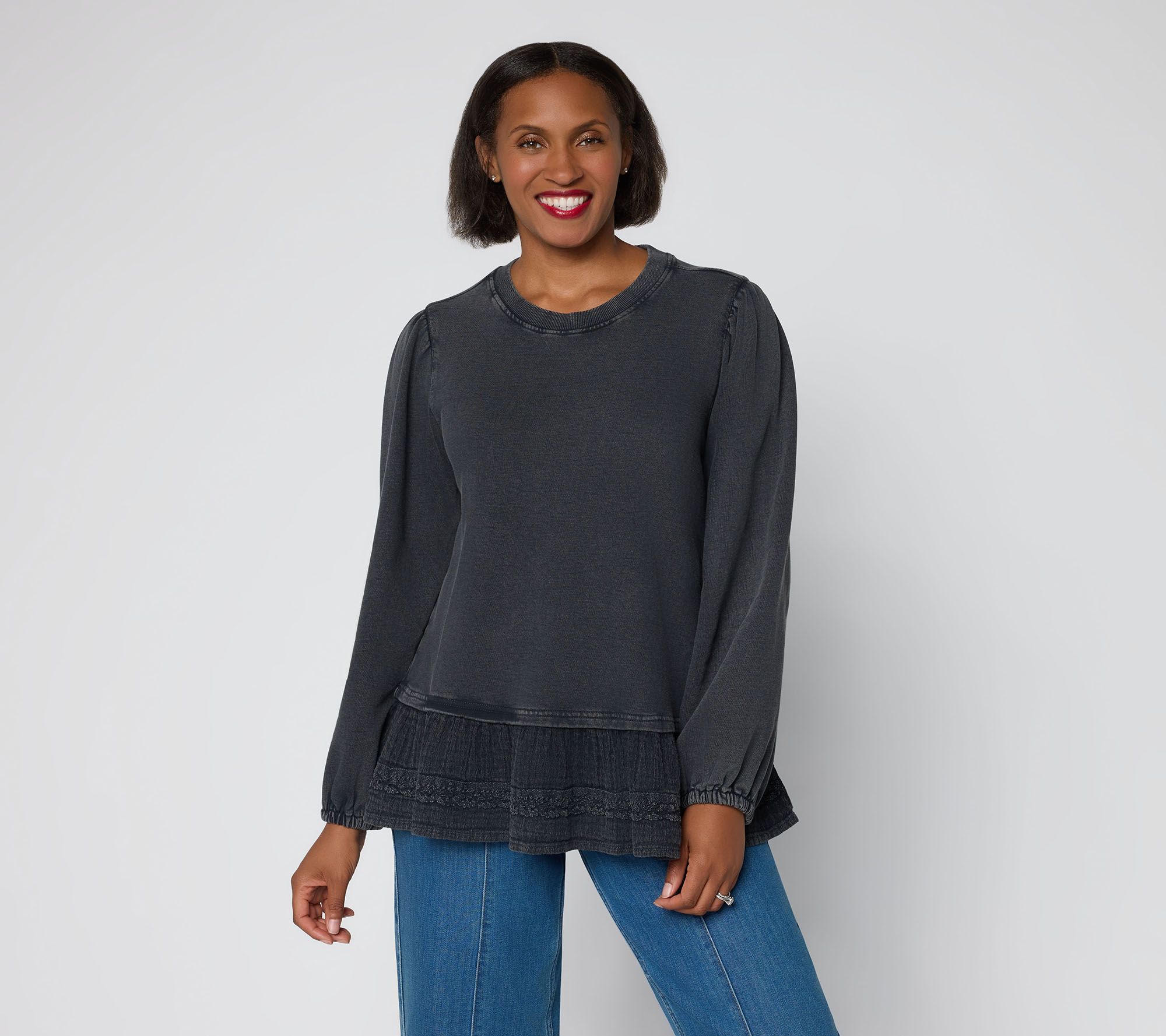 LOGO by Lori Goldstein Mixed Media Ruffle Hem Long Sleeve Top