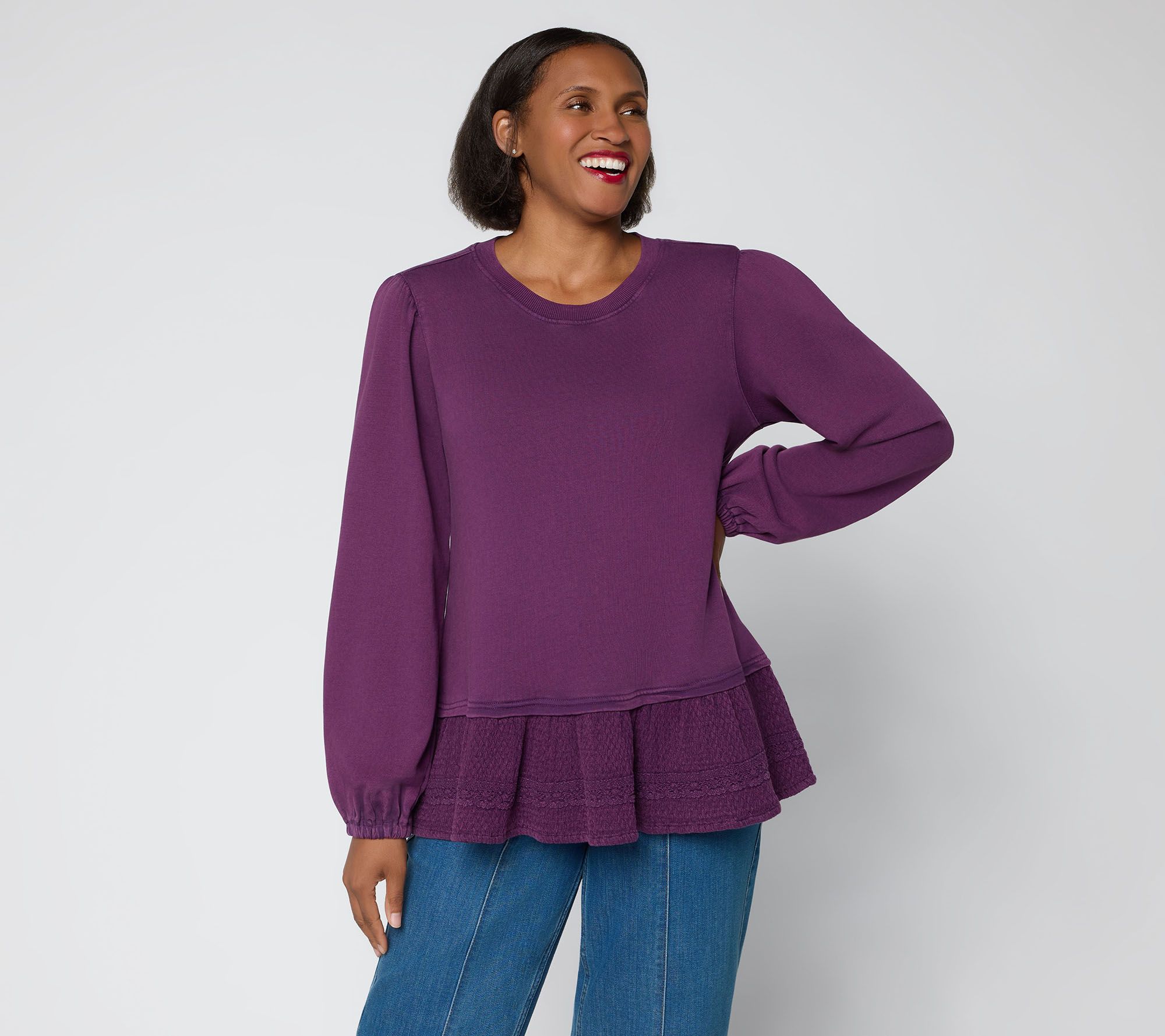 LOGO by Lori Goldstein Mixed Media Ruffle Hem Long Sleeve Top