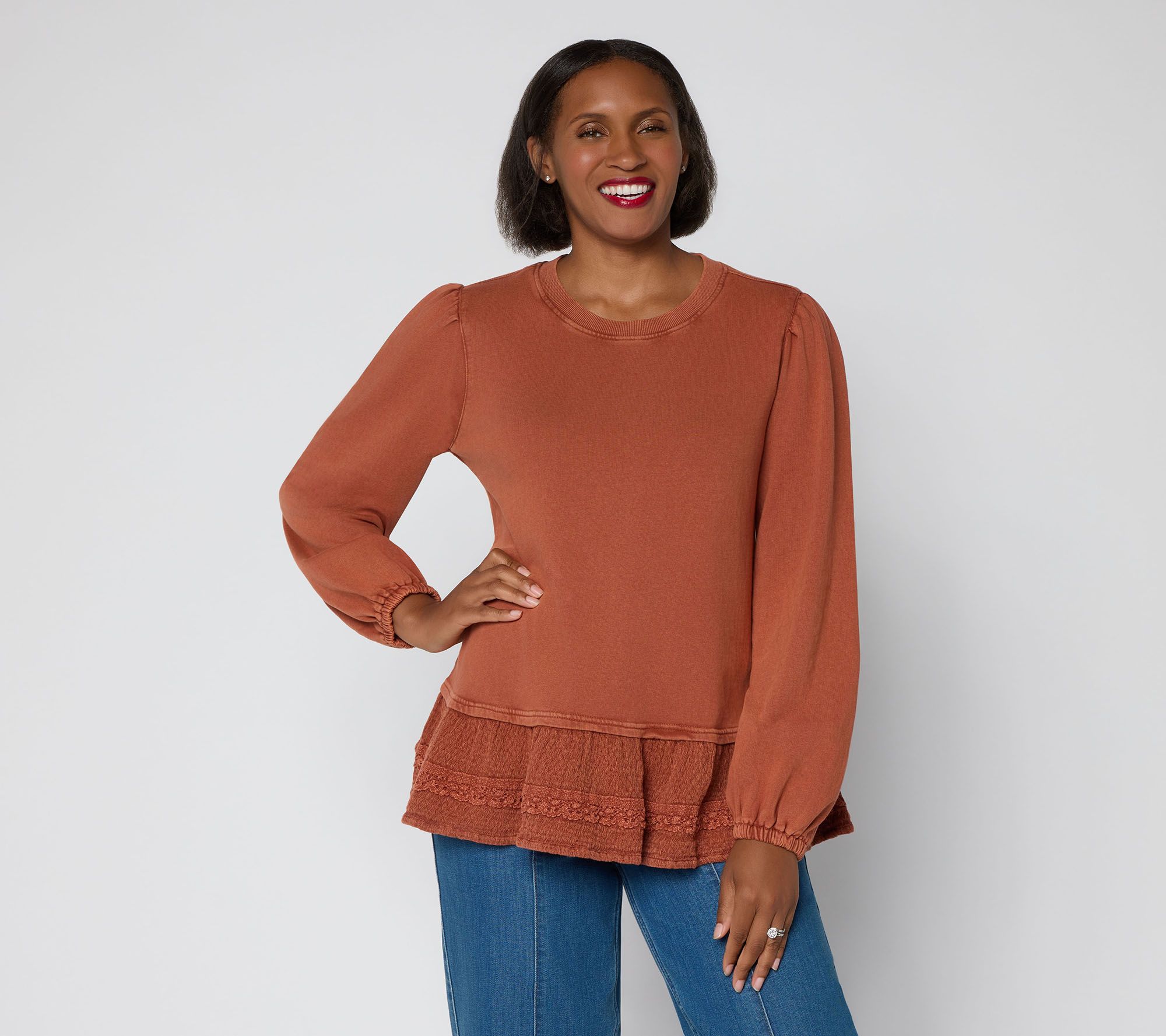 LOGO by Lori Goldstein Mixed Media Ruffle Hem Long Sleeve Top