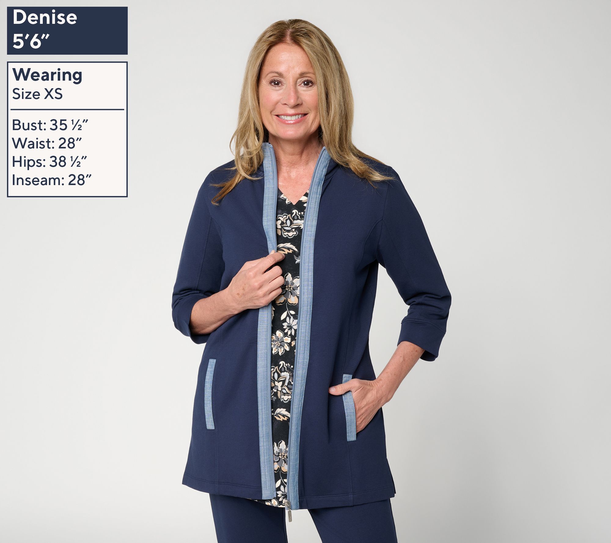 Denim & Co. Active Regular 3/4 Sleeve Zip Front Jacket W/ Chambray
